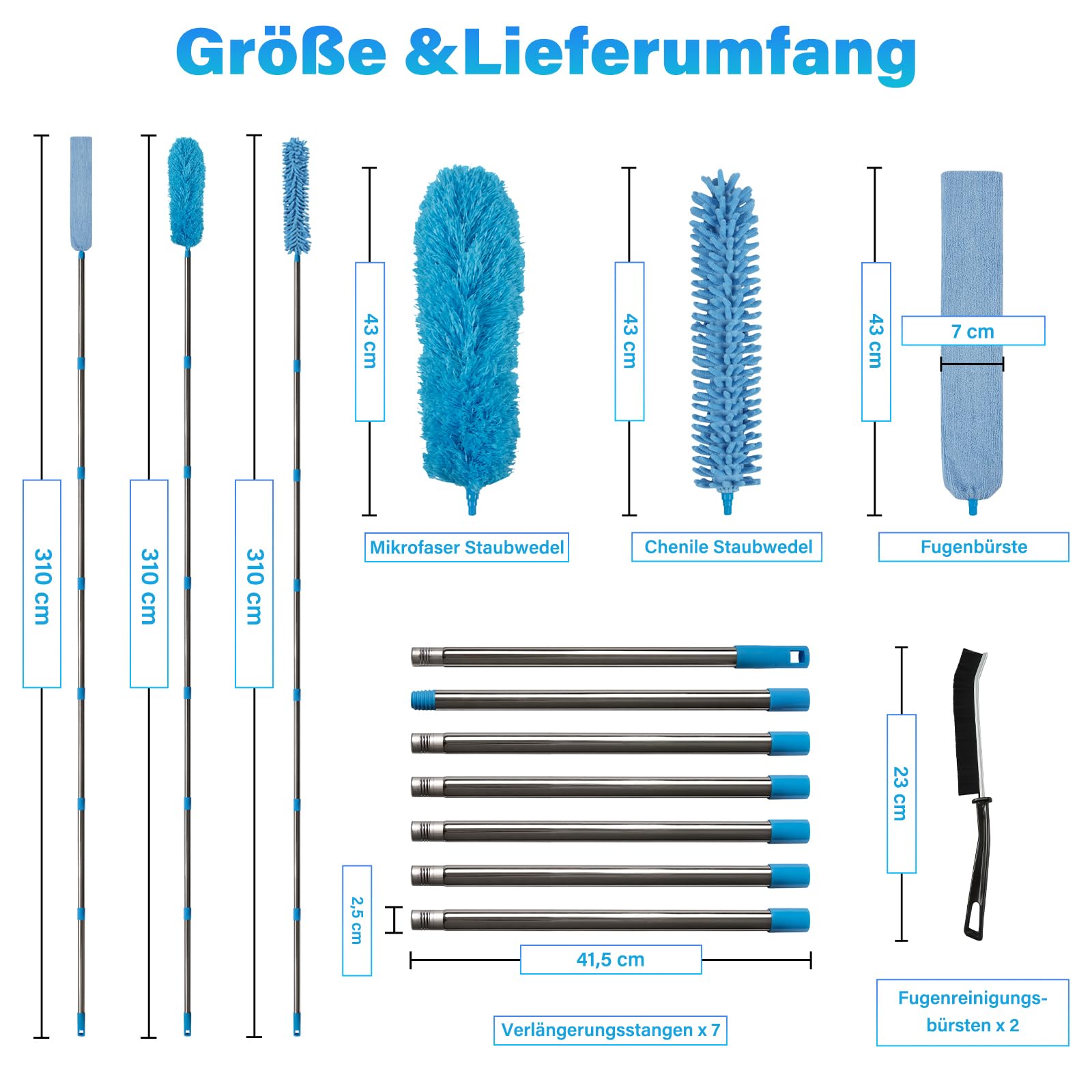 marysgift Staubwedel Teleskop,Staubwedel Lang Ausziehbar Waschbar Mikrofaser Duster Lang Ausziehbar Bis 310cm,Verbiegbare Staubfänger für hohe Decken Deckenventilator Unter Sofa Fenster Blau