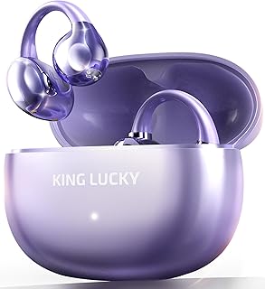 King Lucky Open Ear Earbuds Clip-On Bluetooth 6.0 Wireless Headphones with Mic, 50H Playtime, ENC Clear Calls, IPX5 Waterproof, Comfortable for Small Ears Sports Gaming (Purple, Standard)