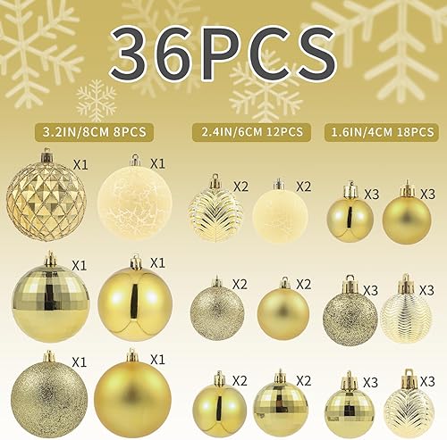 Miniatura 2 de LANGXUN 36 bolas doradas de decoración para árbol de Navidad 2023, 6 bolas de Navidad de 3.2 pulgadas, 12 piezas de 2.4 pulgadas, 18 bolas de
