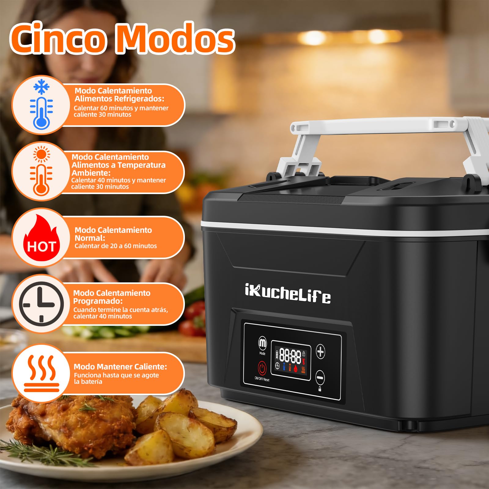 Fiambrera Electrica 1,2L Inalámbrica Programado Taper Electrico para Comida con Divisores Extraíbles Cubiertos y Bolsa Térmica Tupper Calentador para Comida USB para Coche Camion（Negro）