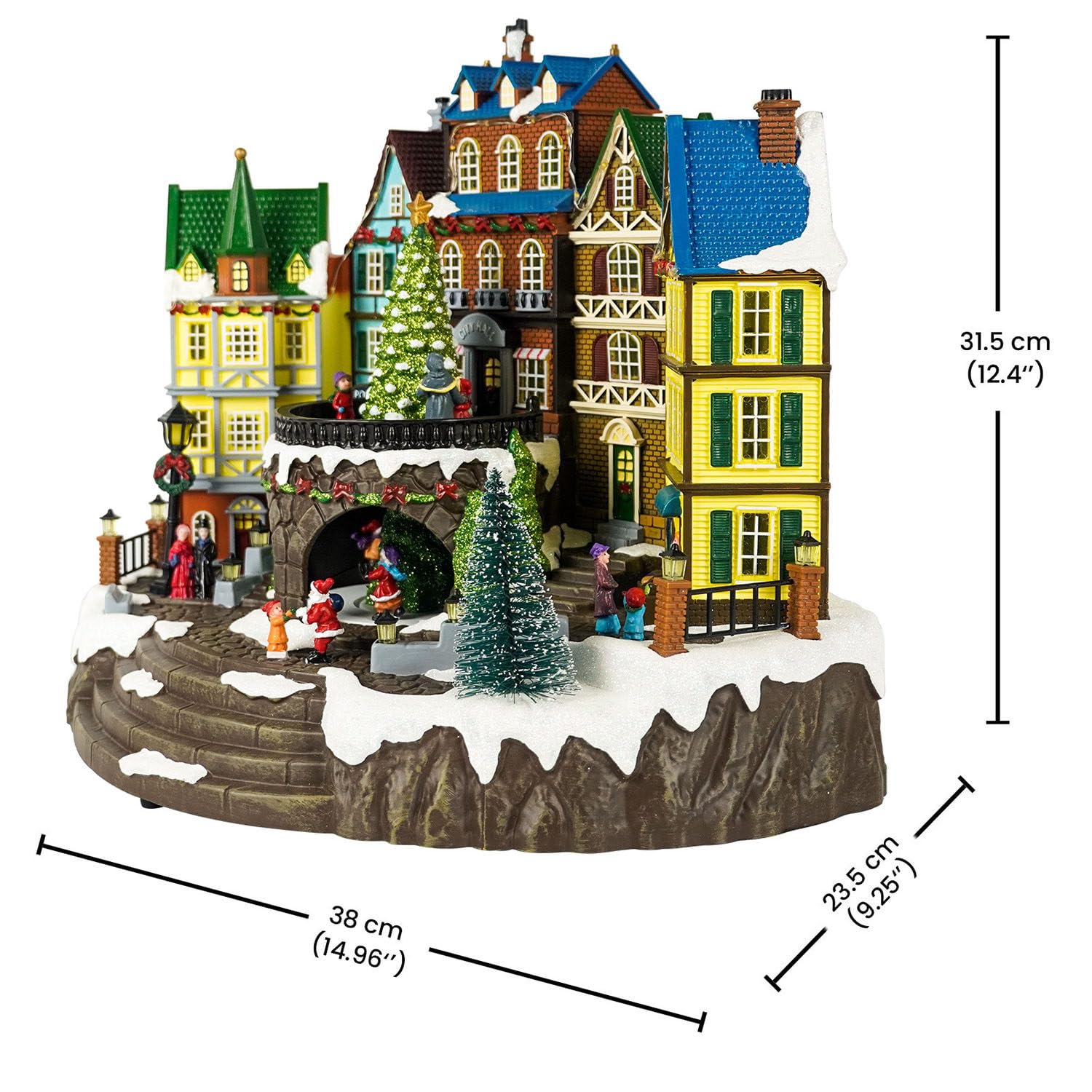 Adorno de Pueblo de Resina con Escena navideña de Papá Noel, árbol de Navidad Giratorio y animación de esquí, con Luces LED y música navideña