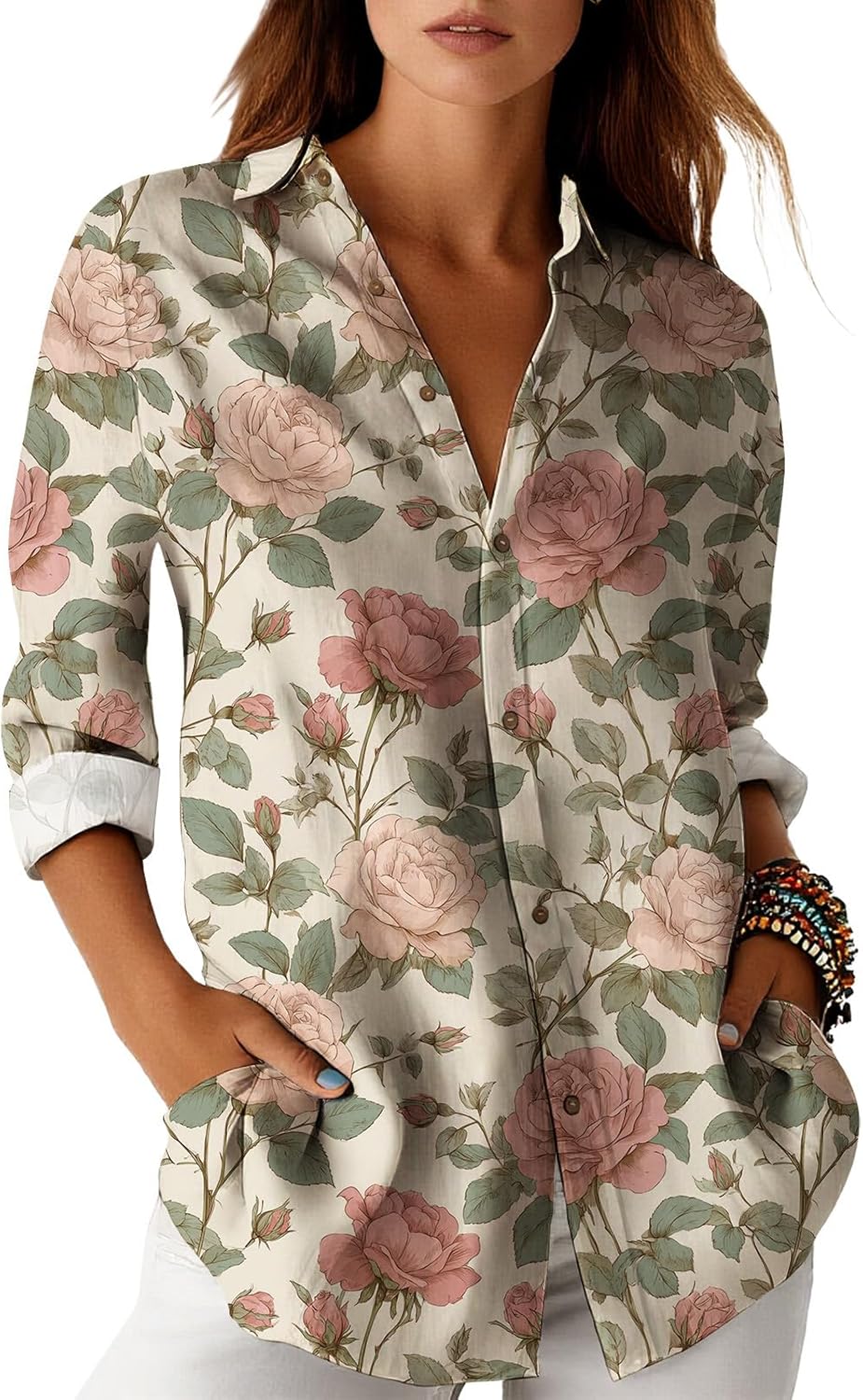 Womens Floral Print Button Down Shirt Long Sleeve Cotton Blend Loose Collared Blouse with Pockets Fall Casual Top