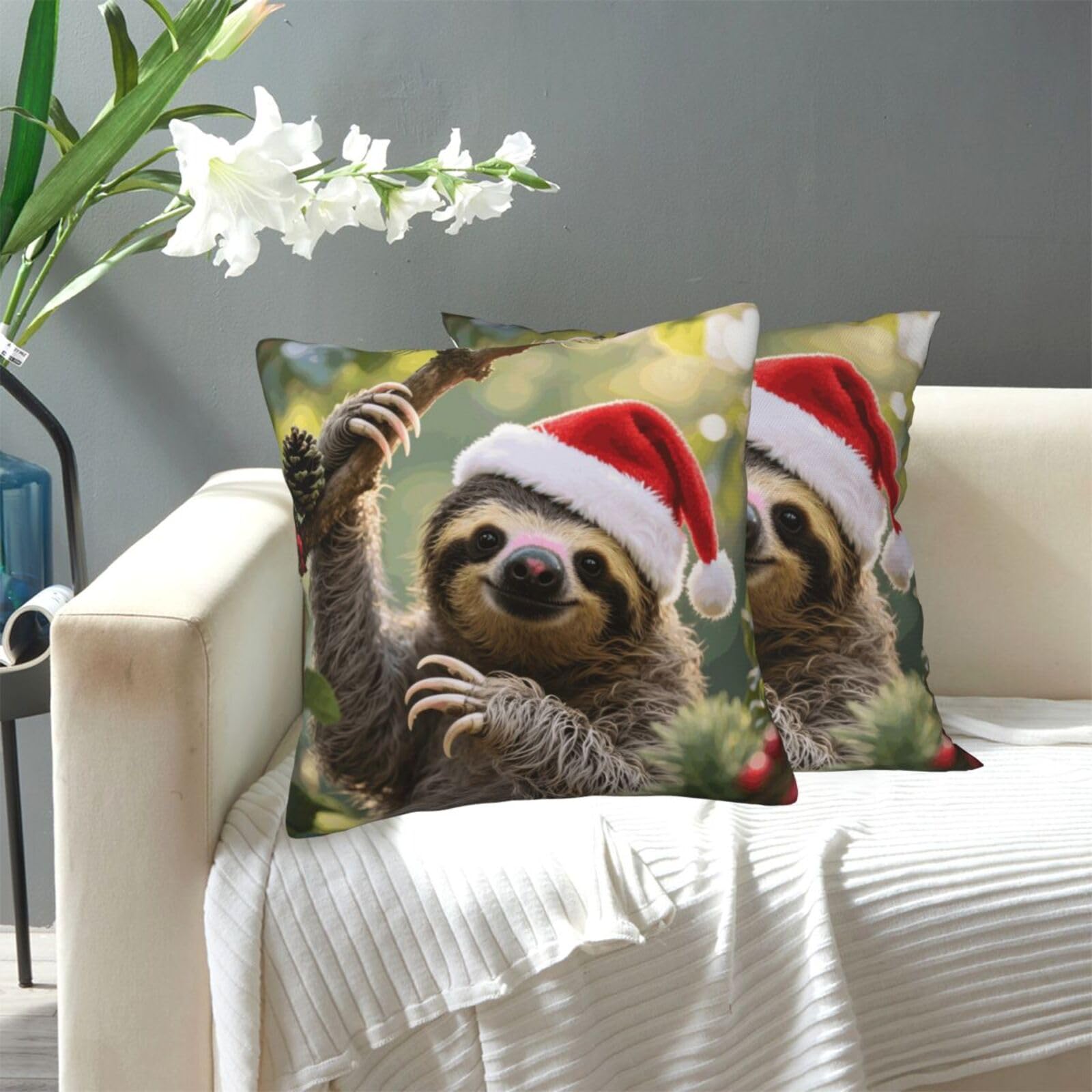 FekiLoot Decorative Throw Pillow Covers Modern Farmhouse Pillowcase Double Sided Cozy Cushion Cover for Sofa Couch Bed 16"X16" Cute Christmas Sloth