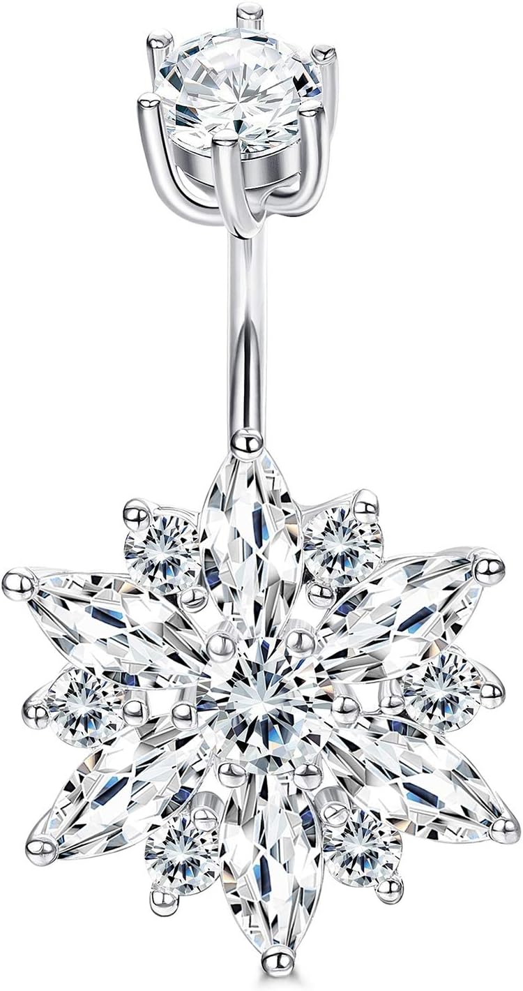 Sllaiss 925 Sterling Silver Snowflake Belly Ring for Women Plated White Gold Zirconia Rings CZ Button Ring Body Navel Piercing Jewelry Gift Hypoallergenic