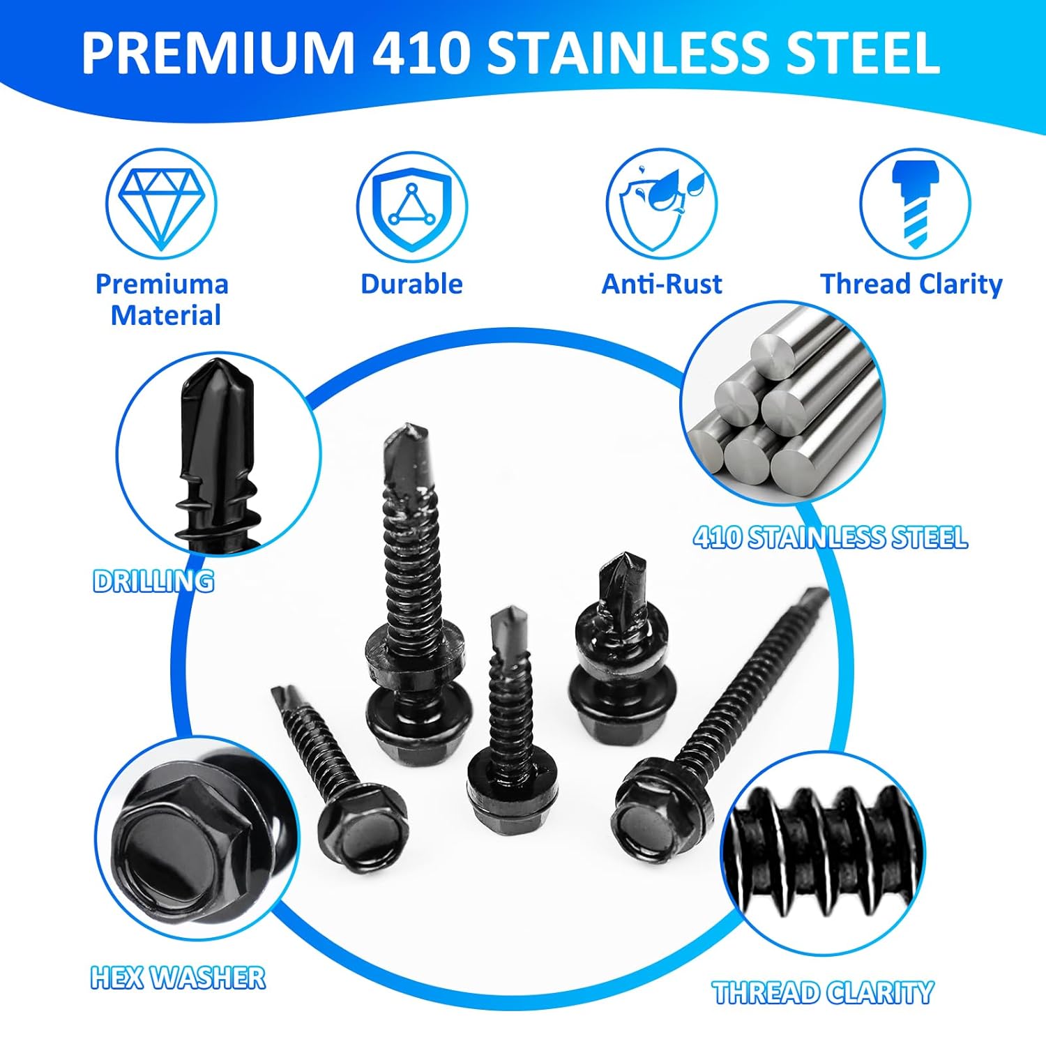 400PCS Black Self Tapping Screws for Metal, 410 Stainless Steel Sheet Metal Screws, #8#10#14 Hex Washer Head Self Tapping Screws for Metal Wood Plastic,1/2" to 1-1/2“