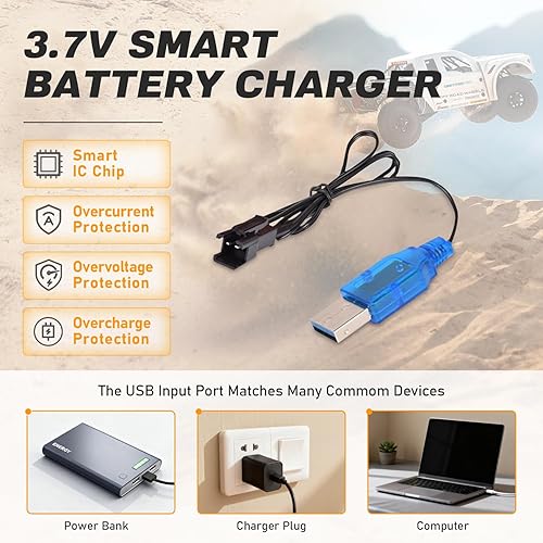 Miniatura 5 de Batería de iones de litio de 3.7 V 2000 mAh, paquete de 2 con 2 cargadores USB, enchufe SM-2P, batería recargable 15C RC compatible con autos de