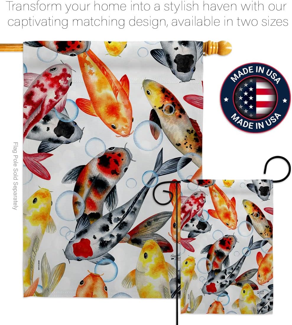Koi Water Garden House Flag Animals Sea Creature Nautical Ocean Fish Outdoor Summer Marine Decoration Banner Small Yard Gift Double-Sided, Made in USA