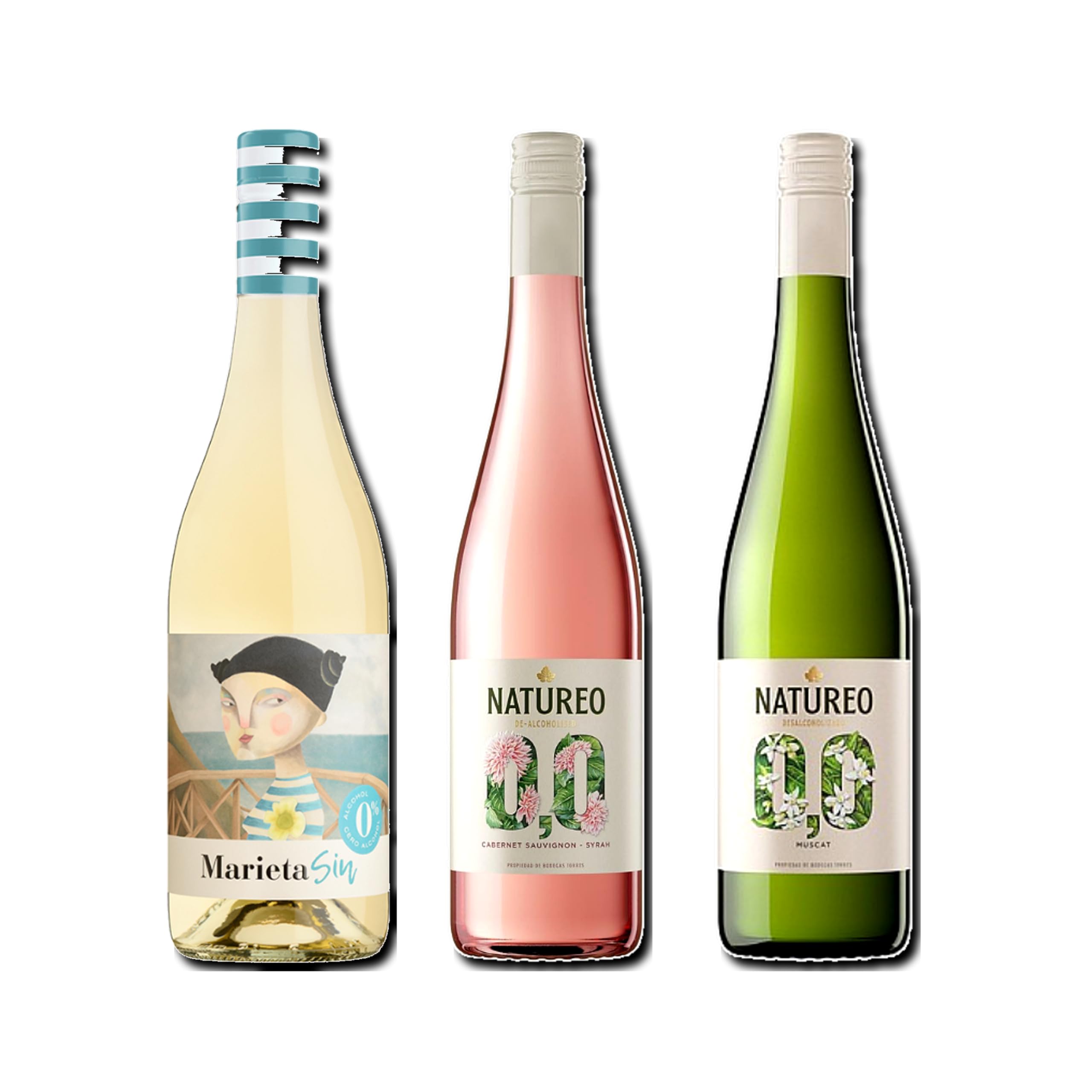 vino sin alcohol 0,0 Marieta, Natureo Rosado y Natureo Blanco Muscat pack de 3 botellas 75cl