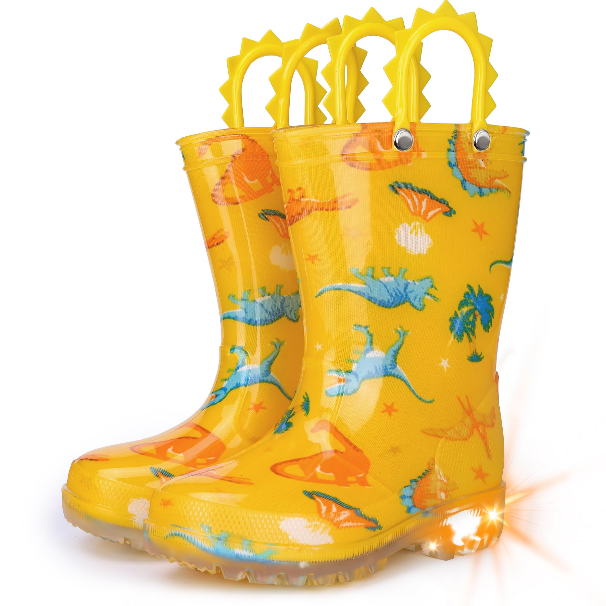 Funspread Toddlers Kids Rain Boots - Light Up Rain Boots for Boys Waterproof Outdoor Shoes with Easy-On Handles Yellow Toddlers Size 5