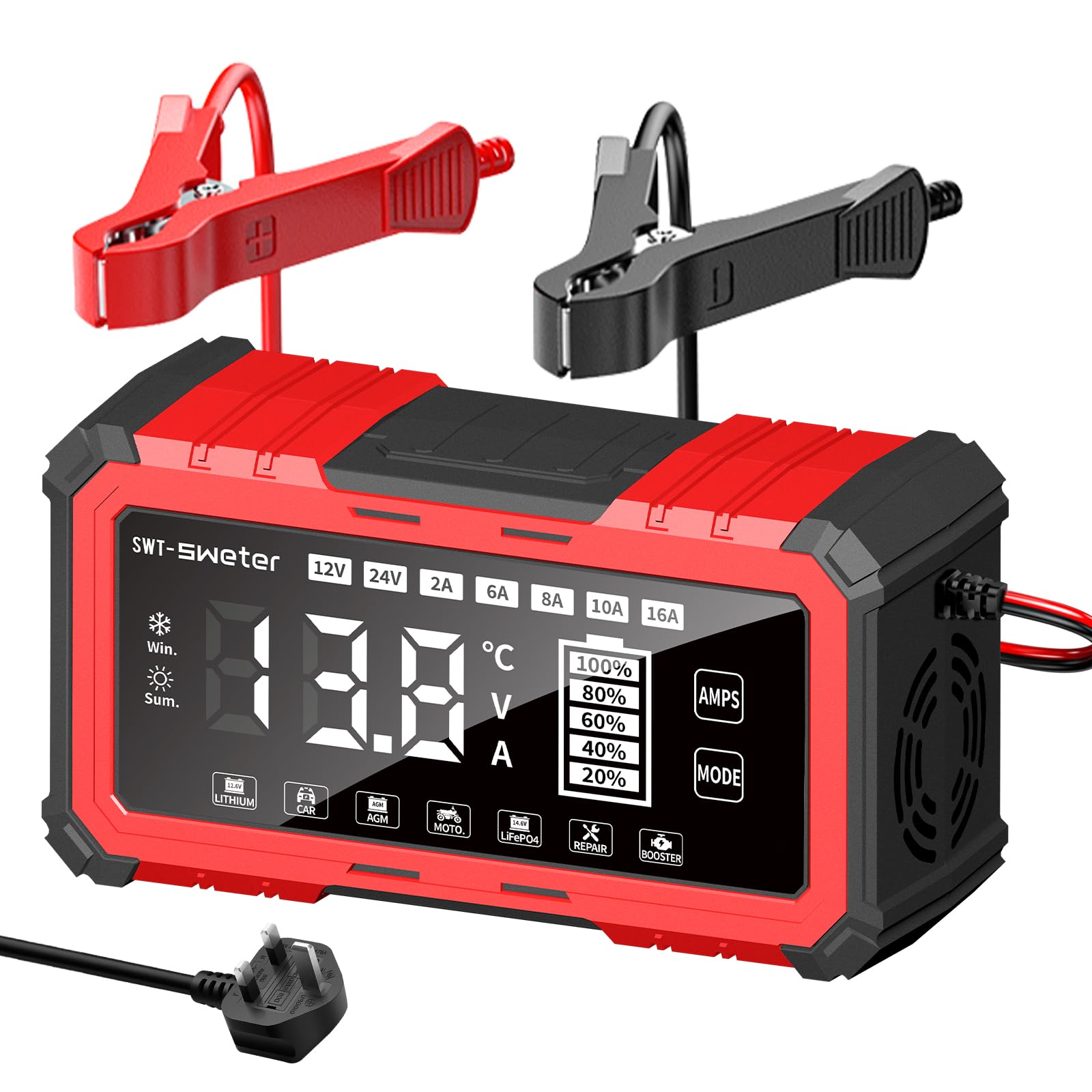 16A Car Battery Charger, 12V/24V Lifepo4 Lead Acid Battery Charger, Upgraded Automobile Smart Trickle Battery Maintainer for AGM, Car Motorcycle Boat Caravan