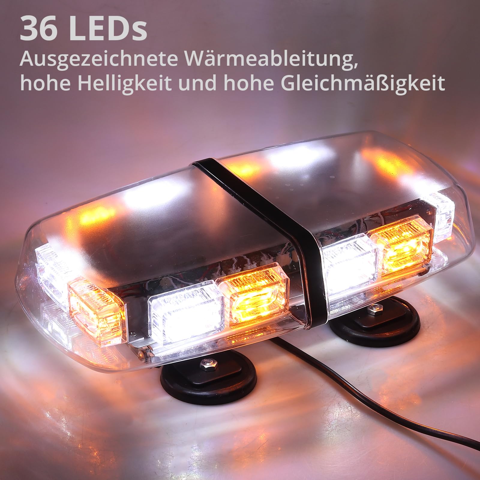PROZOR 36LEDs 12V/24V Notfall Warnblitzlicht 3-Farb Lichtmodus 36W Warnleuchte mit 4 Starker Magnet Auto Rundumleuchte 7 Modi mit Doppelschalter und 5M Netzkabel für Auto LKW SUV -Weiß & Bernstein