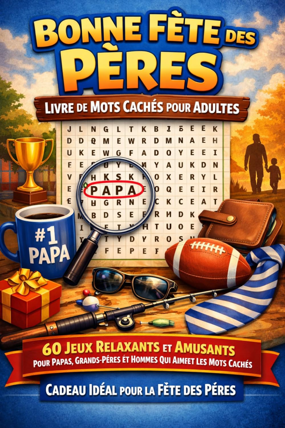 Bonne Fête des Pères – Livre de Mots Cachés pour Adultes: 60 Jeux Relaxants et Amusants pour Papas, Grands-Pères et Hommes Qui Aiment les Mots Cachés | Cadeau Idéal pour la Fête des Pères