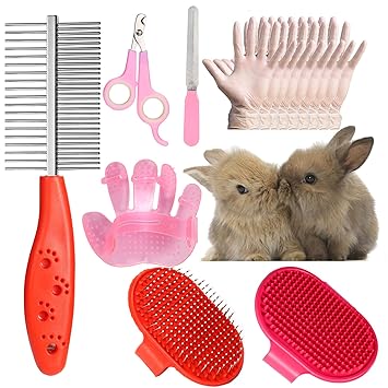 16 Pieces Rabbit Grooming Kit, Include Rabbit Grooming Brush, Pet Hair Remover, Pet Double-Sided Comb, Pet Nail Clipper, Rabbit Shampoo Bath Brush For Rabbits Guinea Pigs Hamster Bunny (Pink)
