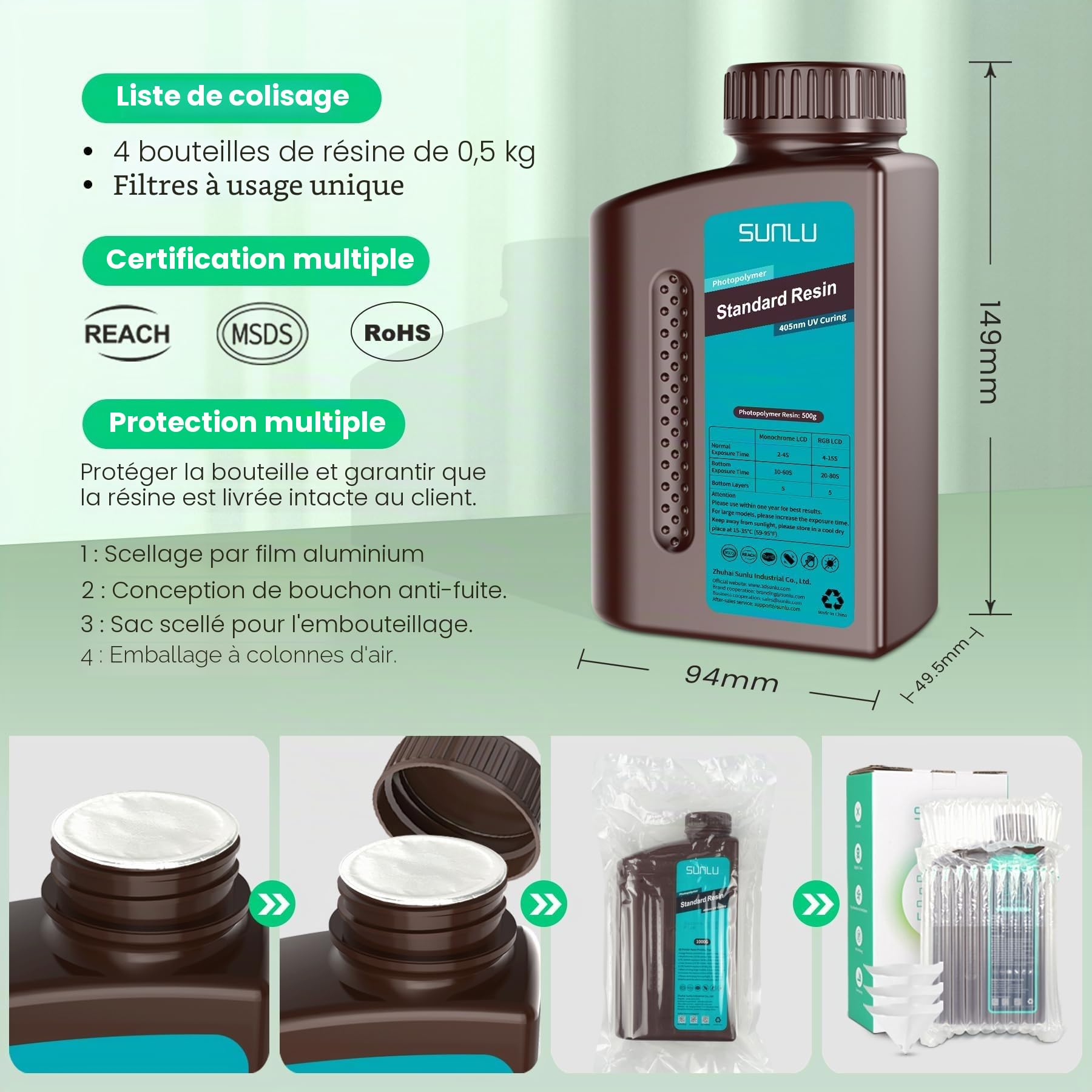 SUNLU Résine standard 2 kg Faible rétrécissement Durcissement rapide Résine UV 365-405 nm Pour imprimantes 3D LCD/DLP/SLA 2000 g Gris