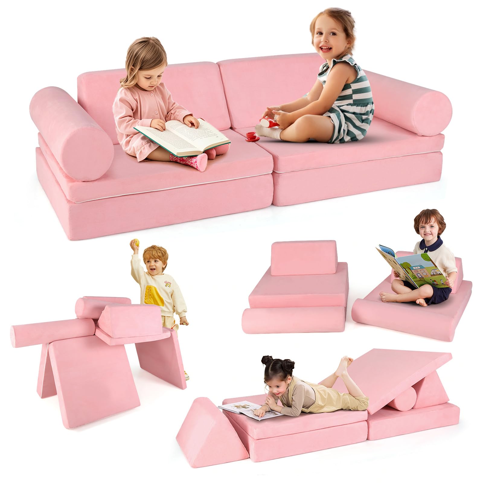 Costzon 8 Pcs Modular Kids Play Couch, Toddler Sectional Sofa Chair, Convertible Baby Pink Sofa & Floor Cushion, Bedroom & Playroom Furniture for Building Fort Gift for Boys Girls 3+ (Pink)