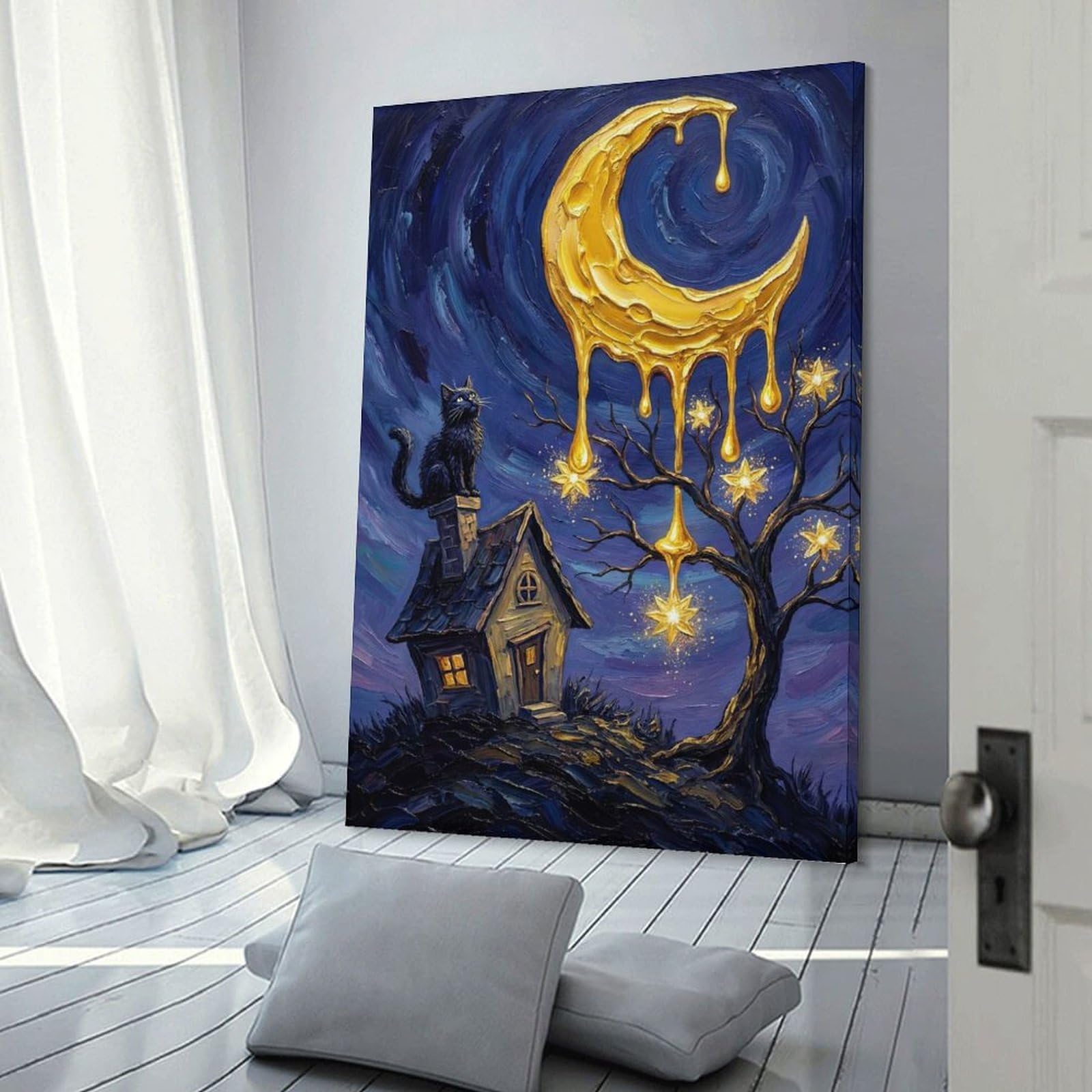 Junmoney Melting Moon with Cat And Star Tree Wall Picture Print 12x18inch(30x45cm), for Apartment Walls, Studios Or Work Areas, A Simple Refresh for Blank Walls