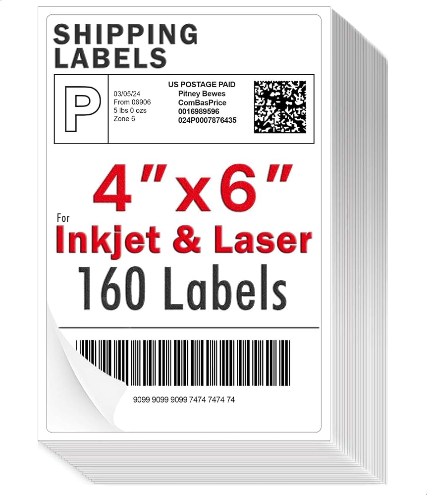 4x6 inch Shipping Labels, Laser and Inkjet Printer Compatible, Multi-Purpose Strong Adhesive Stickers, Matte White 160 Labels