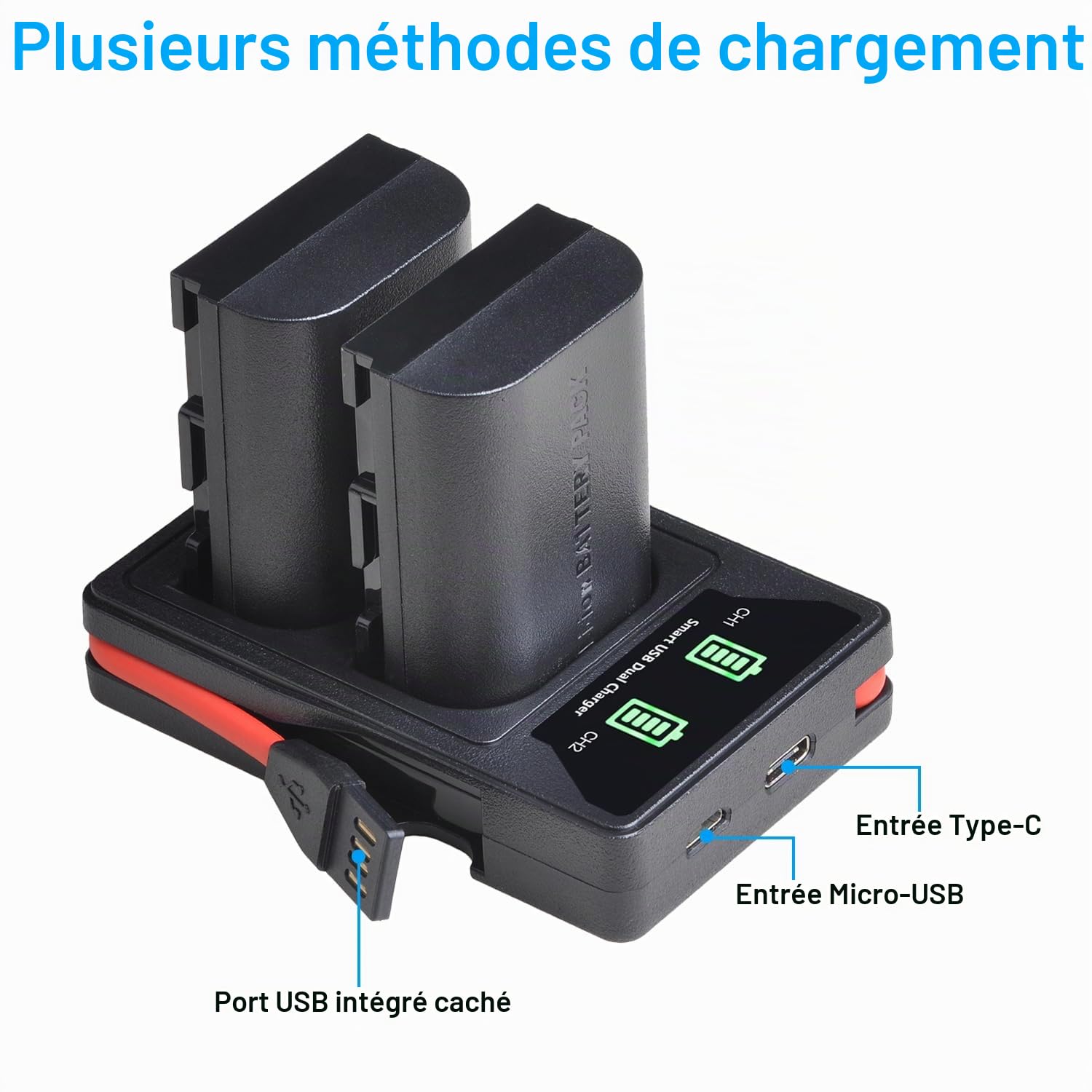 DuraPro Lot de 2 batteries LP-E6 + Chargeur USB intégré avec LED et port Type C pour Canon LP-E6, LP-E6N et Canon EOS 5D Mark II/III, 5DS, 5DS R, 6D, 7D, 70D, 80D, XC10, appareils photo Blackmagic 4K