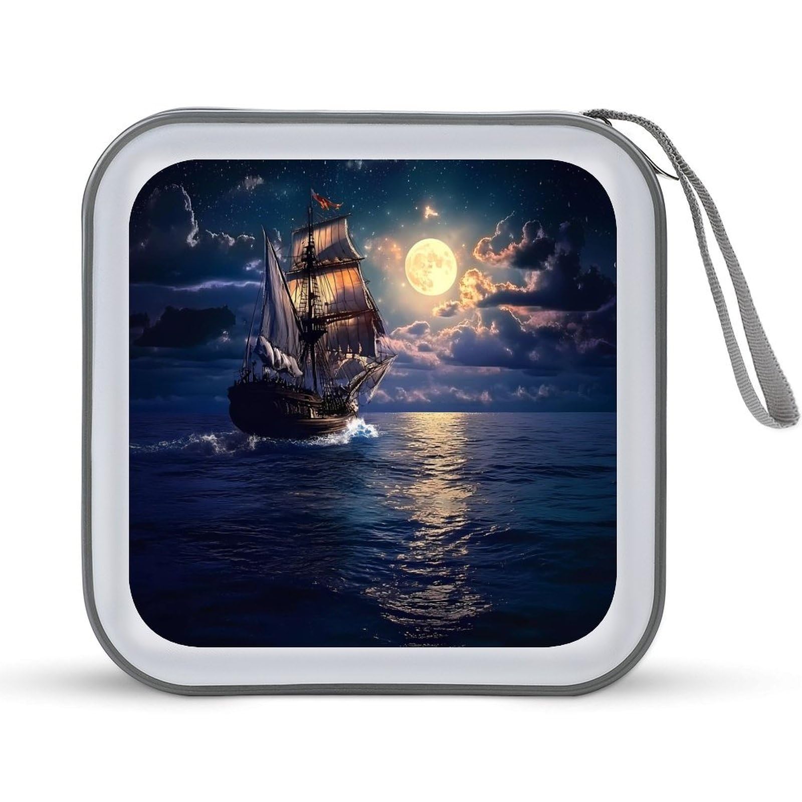 Boat Seascape And Moon in The Sky CD Case Portable DVD Holder Storage Organizer for Home Travel