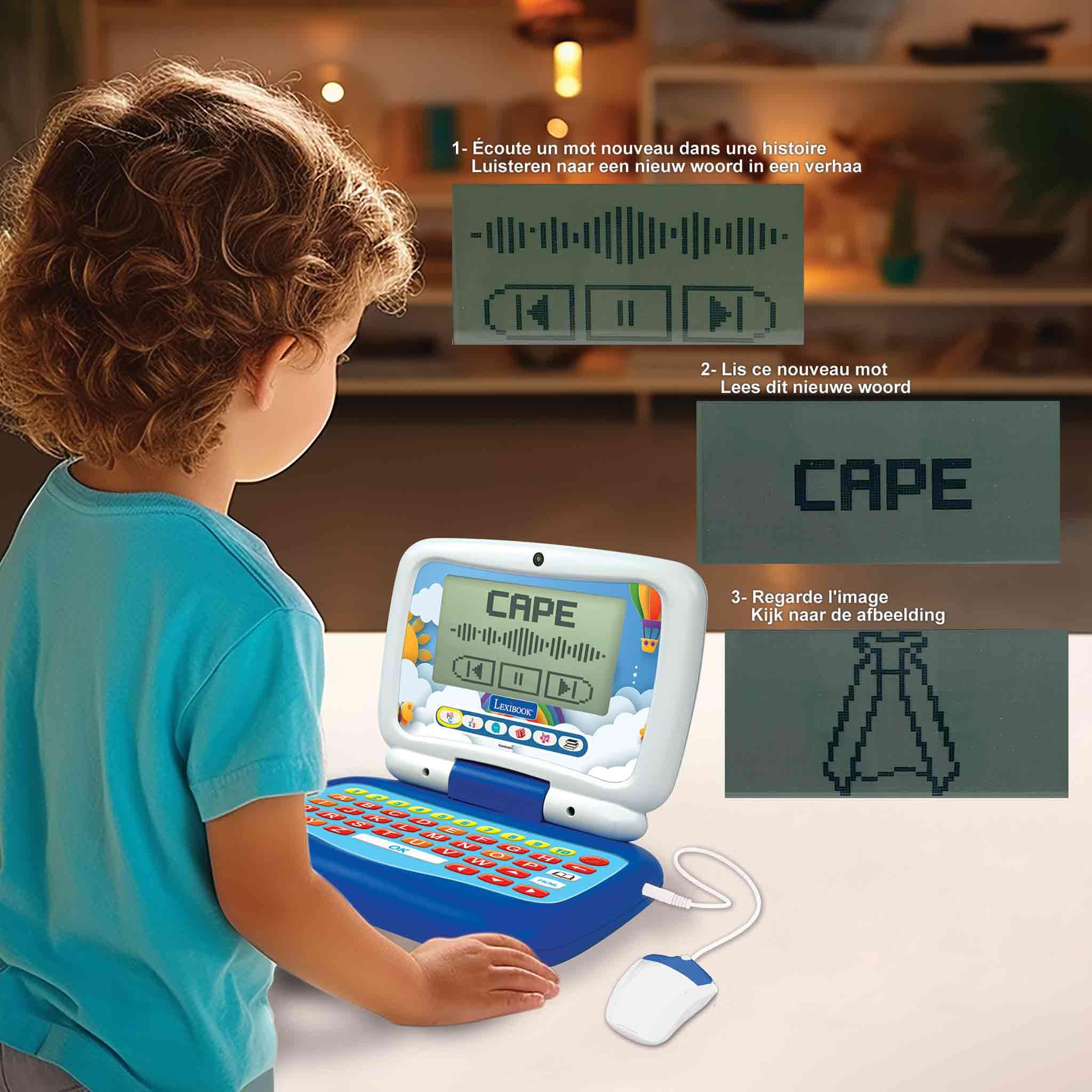 Lexibook, Power Junior, francuski/holenderski dwujęzyczny laptop edukacyjny z 40 aktywnościami, w tym nowy sposób nauki czytania i liczenia, JC398i10, niebieski/biały
