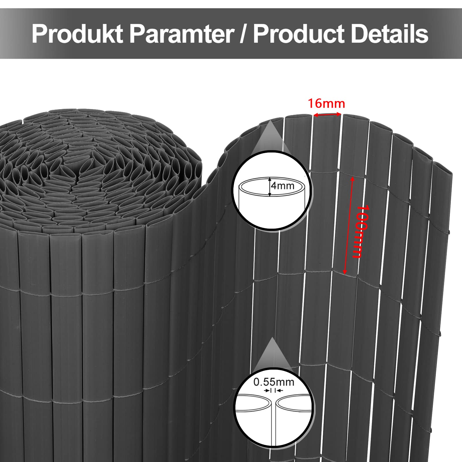 Canisse en PVC, Brise Vue en PVC, 160 x 1000 cm, Renforcement en 3 Poids, Bandes Canisse en PVC, Anthracite, Brise-Vue pour Jardin, Balcon, terrasse, clôture