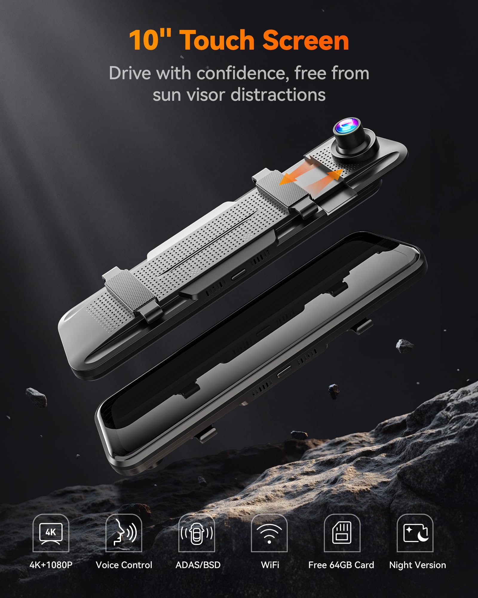 WOLFBOX M40 10" Specchio Telecamera Posteriore, Dashcam 4K+1080P Auto Anteriore Posteriore, Specchio Dashcam con ADAS/BSD, Comando Vocale, Incluso Scheda da 64GB, Wi-Fi & GPS