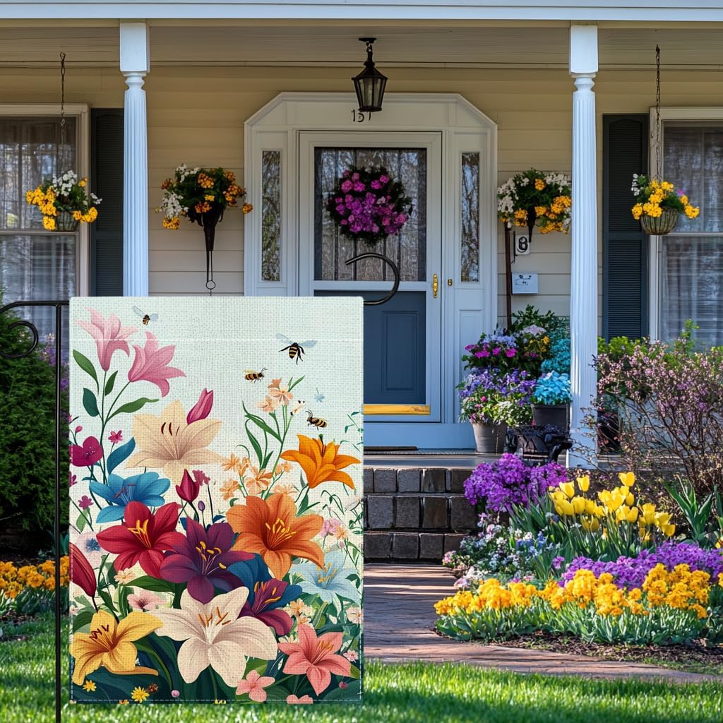 Spring Lily Colorful Floral Garden Flag 12x18 Inch Double Sided Welcome Summer Bee Flower Yard Outdoor Flag House Holiday Outside Decoration - Image 3