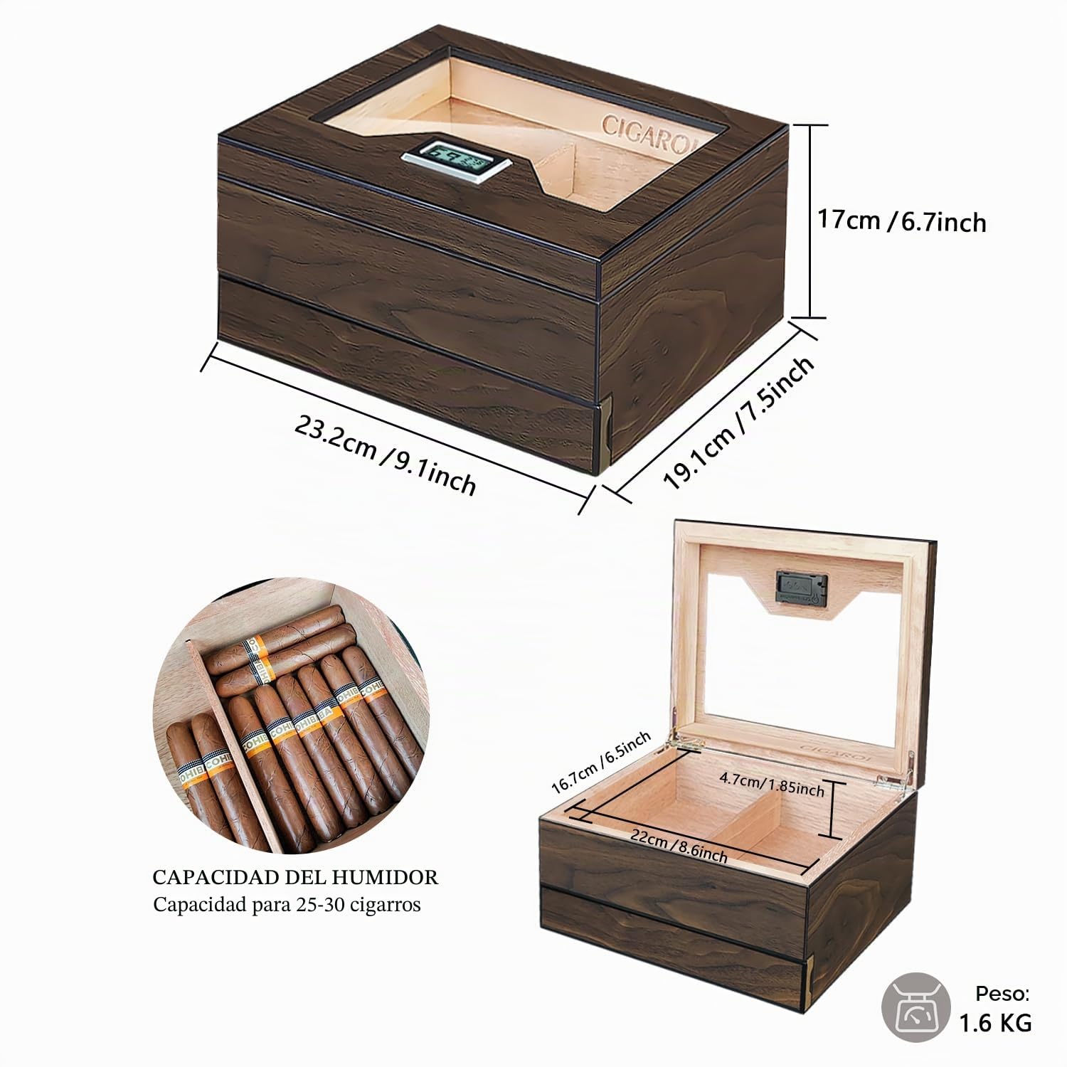 Humidor, Humidor Puros de Madera de Cedro con Higrómetro y Humidificador, Caja Puros Hecho a Mano con Cajón para 25-30 Cigarros, Grandes Regalos para Hombres (Puros no Incluidos)