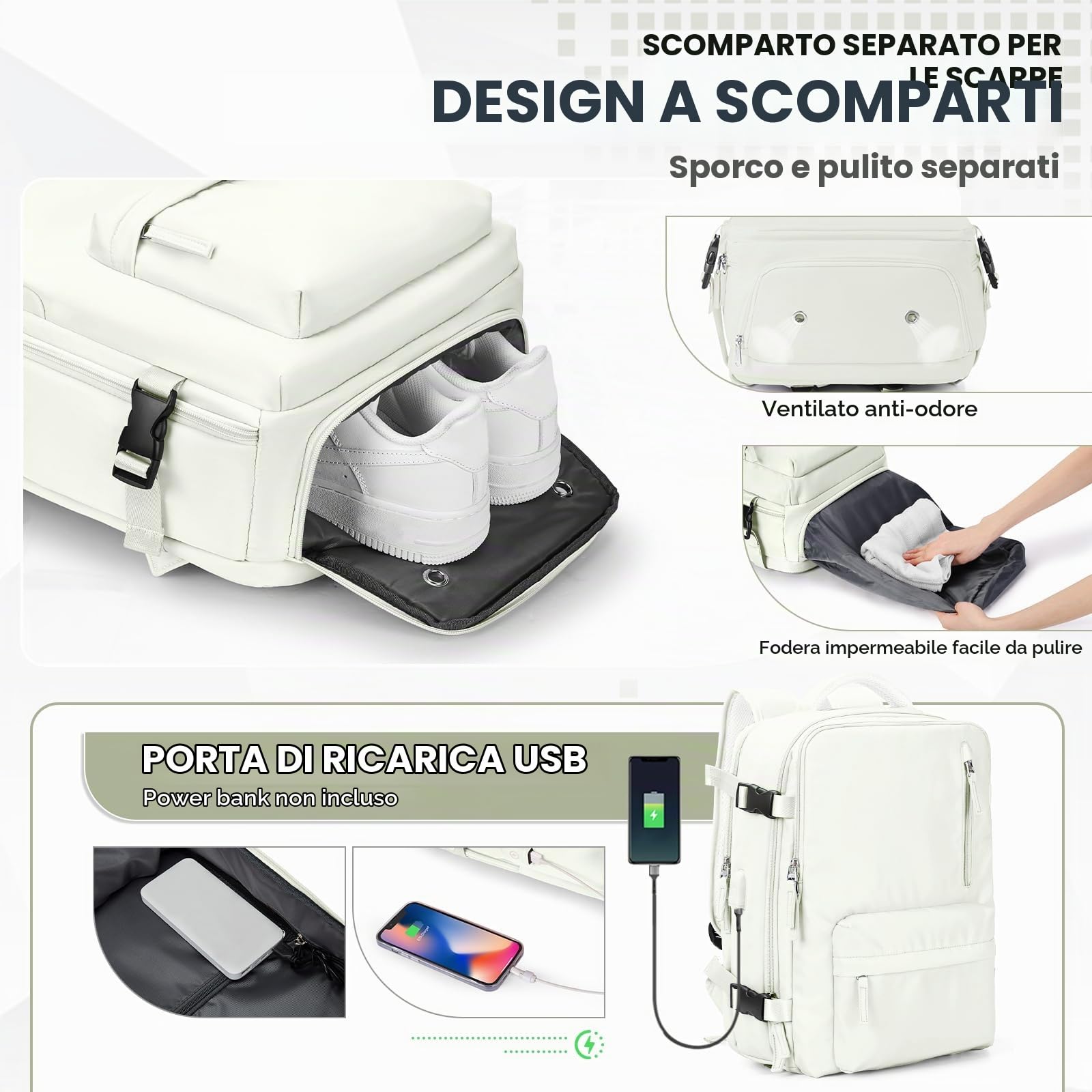 SEAFEW Borsa da Cabina per Ryanair 40x30x20 Zaino Sottovuoto da Viaggio con Pompa 40x20x25 Aereo Bagaglio a Mano Impermeabile Lavoro e Scuola Trekking Casual Daypack per 14" laptop,R2-Bianco
