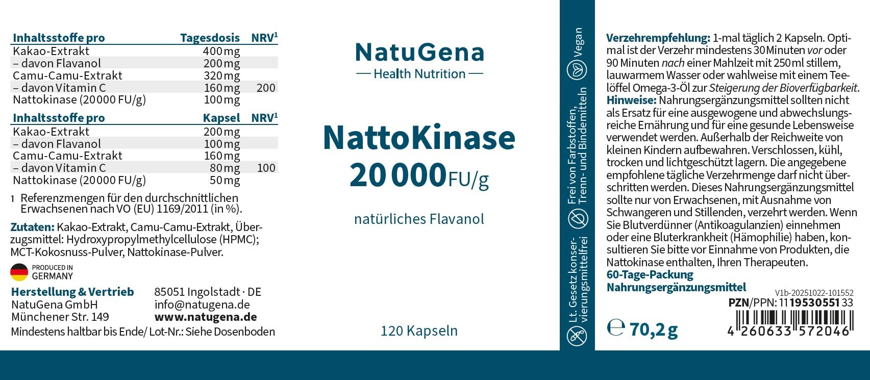 NatuGena NattoKinase, 100 mg (20.000 FU/g) Tagesdosis, trägt zu einer Kollagenbildung für eine normale Funktion der Blutgefäße bei,120 Kapseln/60 Tage