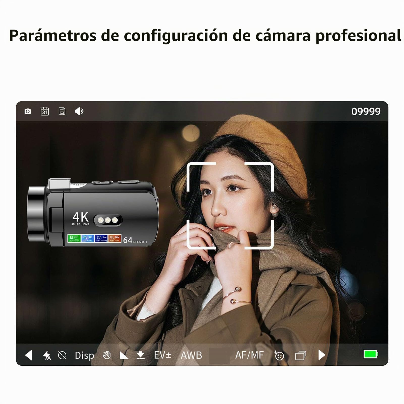 Cámara de Vídeo 4K, Videocámara HD Wi Fi de 64 MP con Zoom Digital de 28X, Grabadora de Vídeo con Pantalla de Rotación de 3 Pulgadas con Luz LED de Visión Nocturna, Cámara