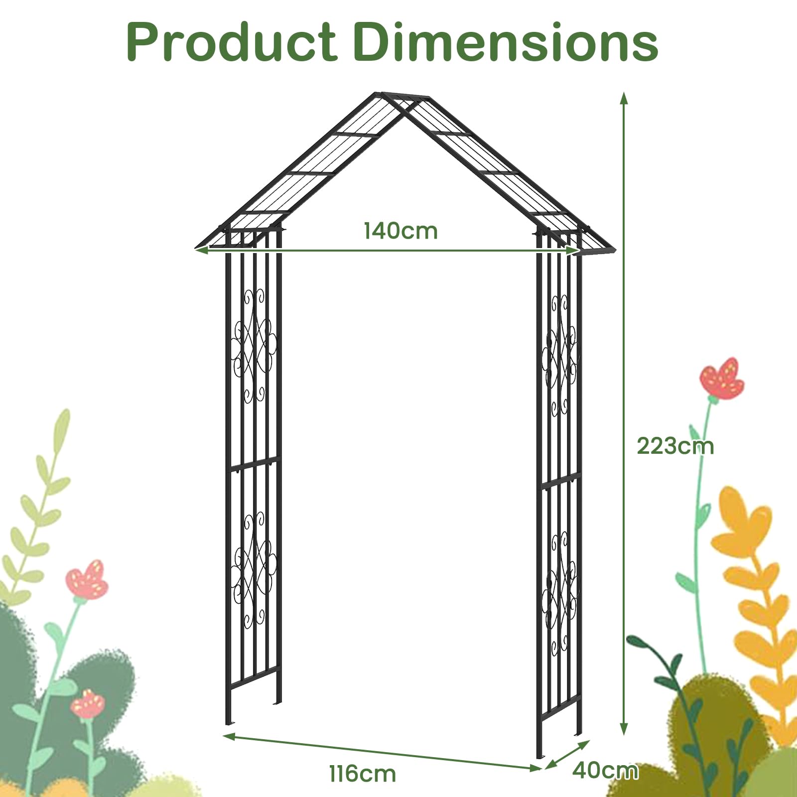 HOMASIS Arco da giardino in metallo, per rose e piante rampicanti, supporto per piante rampicanti, con 4 picchetti per matrimoni, giardino, feste, tralicci, traliccio, rose, supporto per piante, 140 x