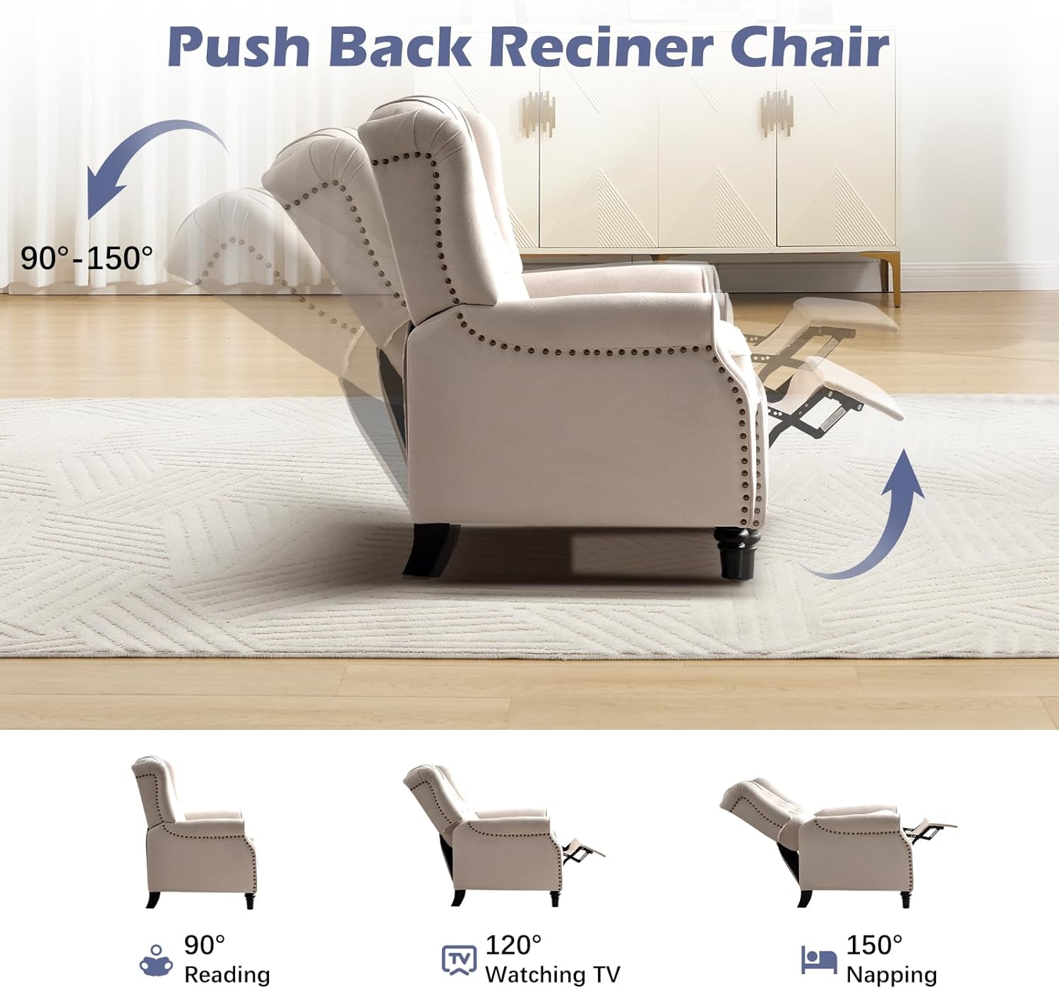 EBELLO Push Back Recliner Chair, Fabric Accent Chair Pushback Recliner with Rivet Decoration, Button-Tufted Back, Mid Century Wingback Armchair for Living Room, Bedroom, Beige