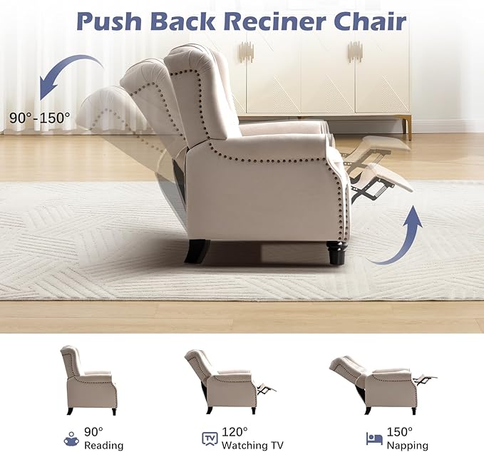 Sillón Reclinable Tapizado Beige Diamond Button-Tufted miniatura 4