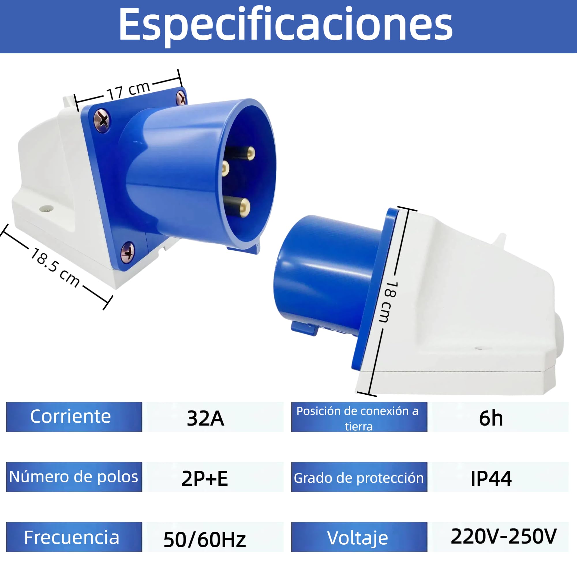 CEE Enchufe 32A 3 Polos, Conectores de Enchufe Industrial Azul 3 Pines, Enchufe de Pared Aparatos CEE, Enchufes de Repuesto Caravana Industrial 220V-250V 50/60Hz 2P-E 6H IP44 IEC60309