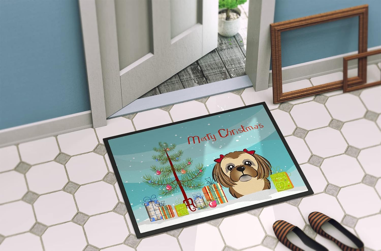 Caroline's Treasures BB1621JMAT Christmas Tree and Chocolate Brown Shih Tzu Doormat 24x36 Front Door Mat Indoor Outdoor Rugs for Entryway, Non Slip Washable Low Pile, 24H X 36W