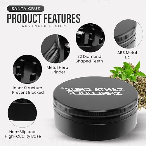 Miniatura 2 de Santa Cruz Shredder Molinillo de hierbas de metal con parte superior moleteada para un agarre más fuerte, 2 piezas de 2.2 pulgadas (negro)