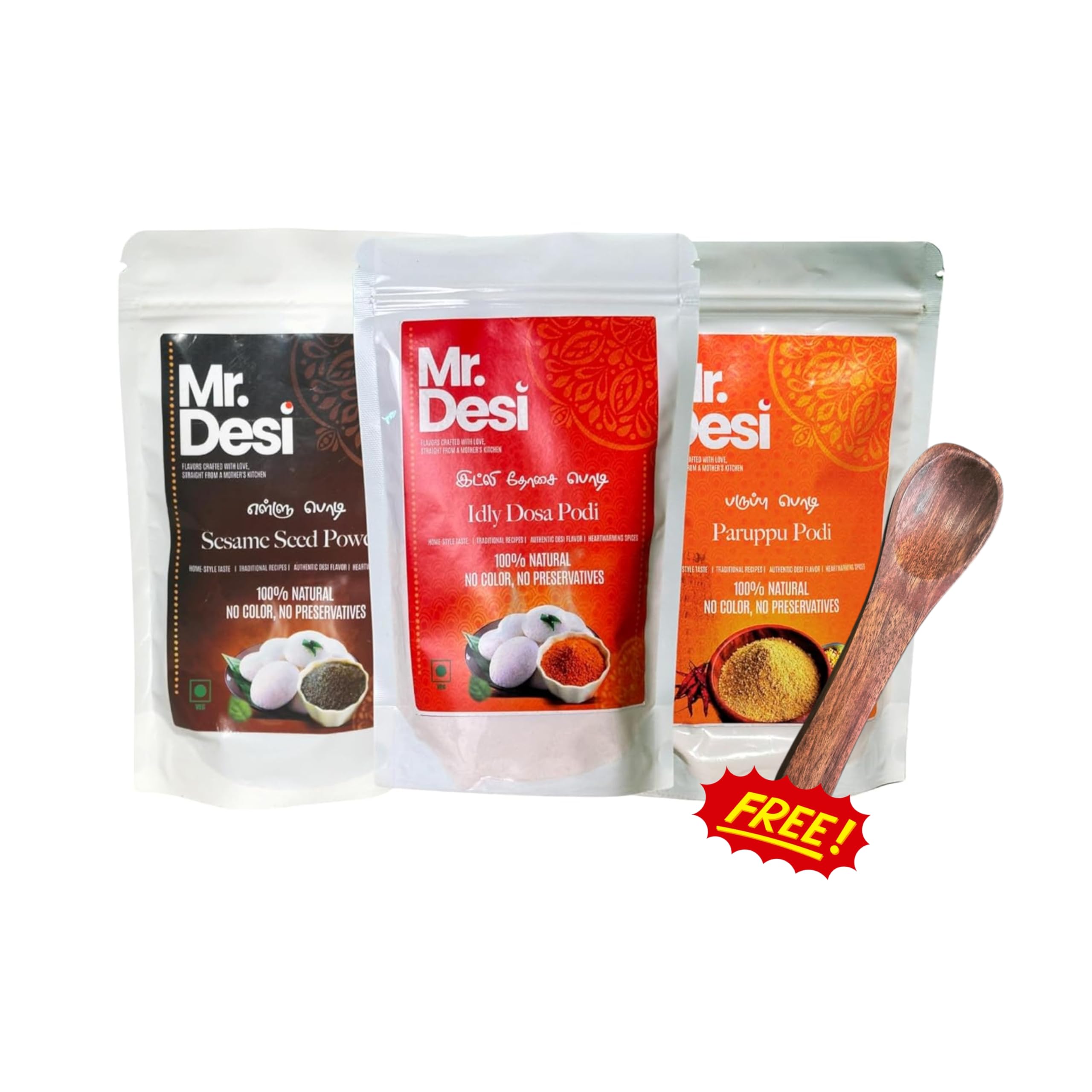 Mr. Desi South Indian Podi Combo Pack – Idli Podi, Paruppu Podi & Ellu Podi | Homestyle Authentic Chutney Powder | Perfect for Idli, Dosa, Rice & More | No Artificial Colors or Preservatives | Free Handmade Wooden Spoon | 3 x 200g Pack | Podi Masala South Indian | Gun Powder | Rice Mix Podi