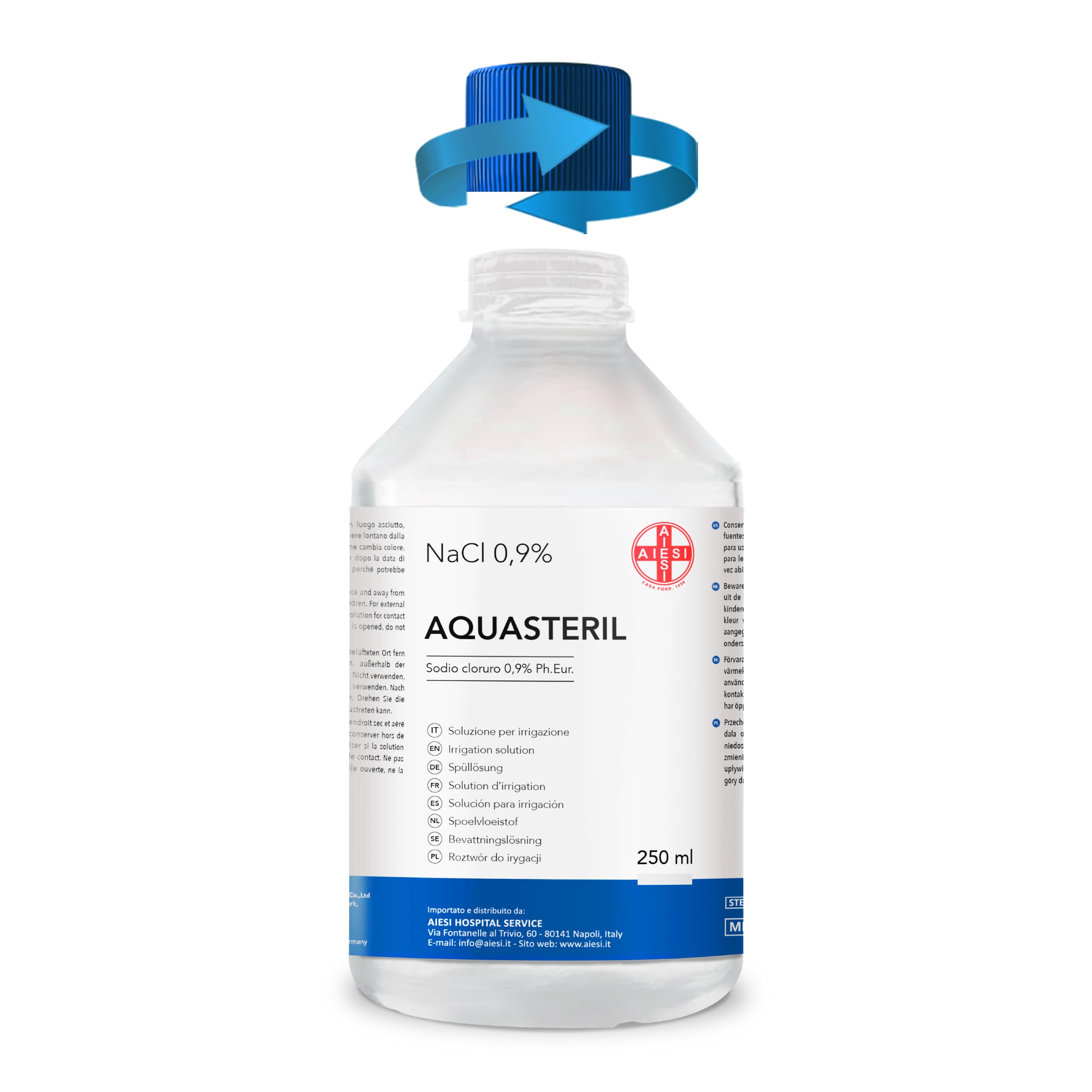 AIESI® Fizjologiczny roztwór soli fizjologicznej (250 ml) do płukania nosa, aerozoli i irygacji z zamykaną nakrętką AQUASTERIL, 0,9% chlorek sodu