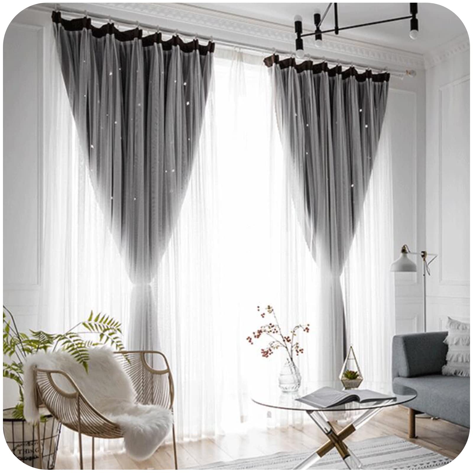 Amazon｜姫系カーテン 遮光 レース カーテン 一体型 おしゃれ 星柄