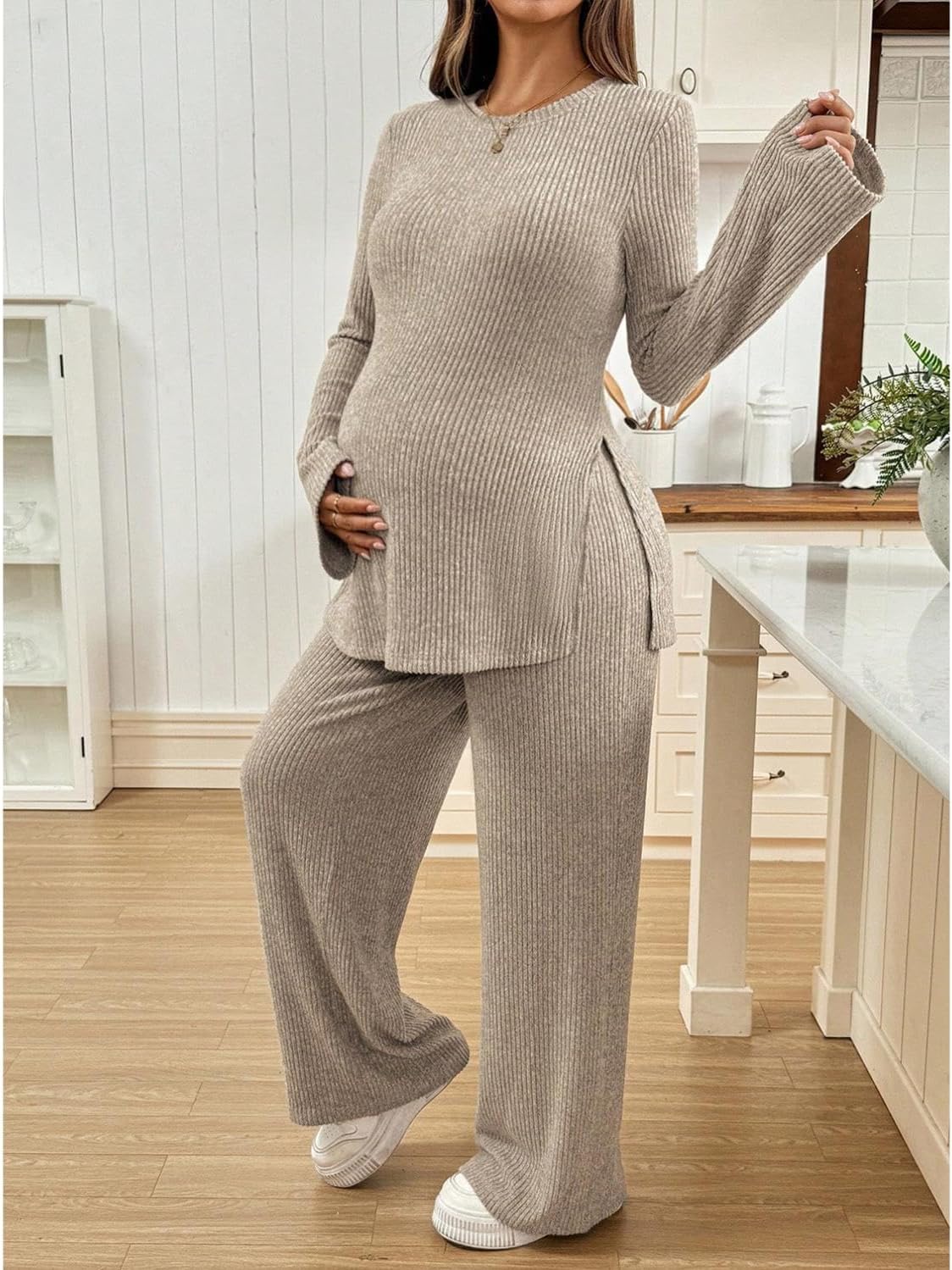 Women's Maternity 2 Piece Outfits Ribbed Knit Long Sleeve Wide Leg Pants Pregnancy Lounge Set