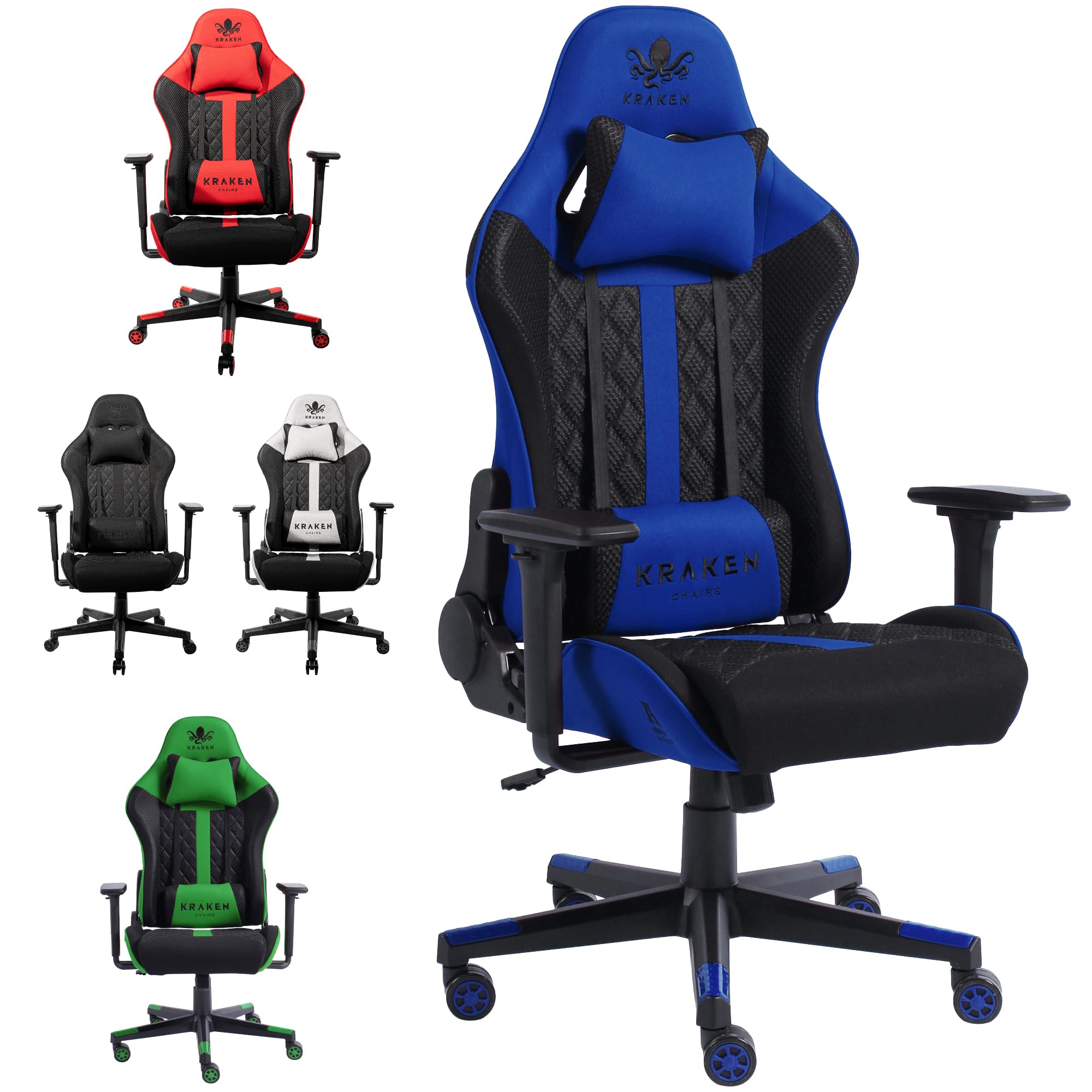 KRAKEN CHAIRS Silla de gaming de tela, silla de oficina, silla de gaming, altura ajustable, silla giratoria ergonómica, reposabrazos 3D, cojín lumbar, reposacabezas negro-azul