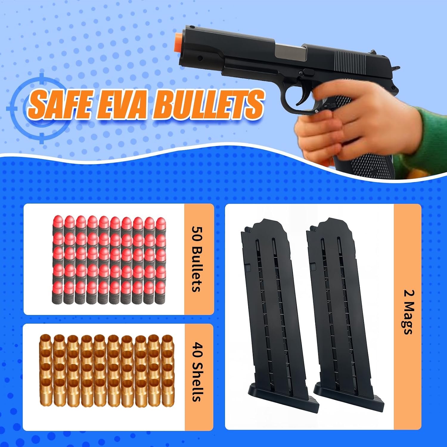 Toy Blaster for Kids with Shell Ejection - 40 Shells, 50 Foam Bullets & 2 Mags - Safe Foam Blaster for Outdoor Target Play