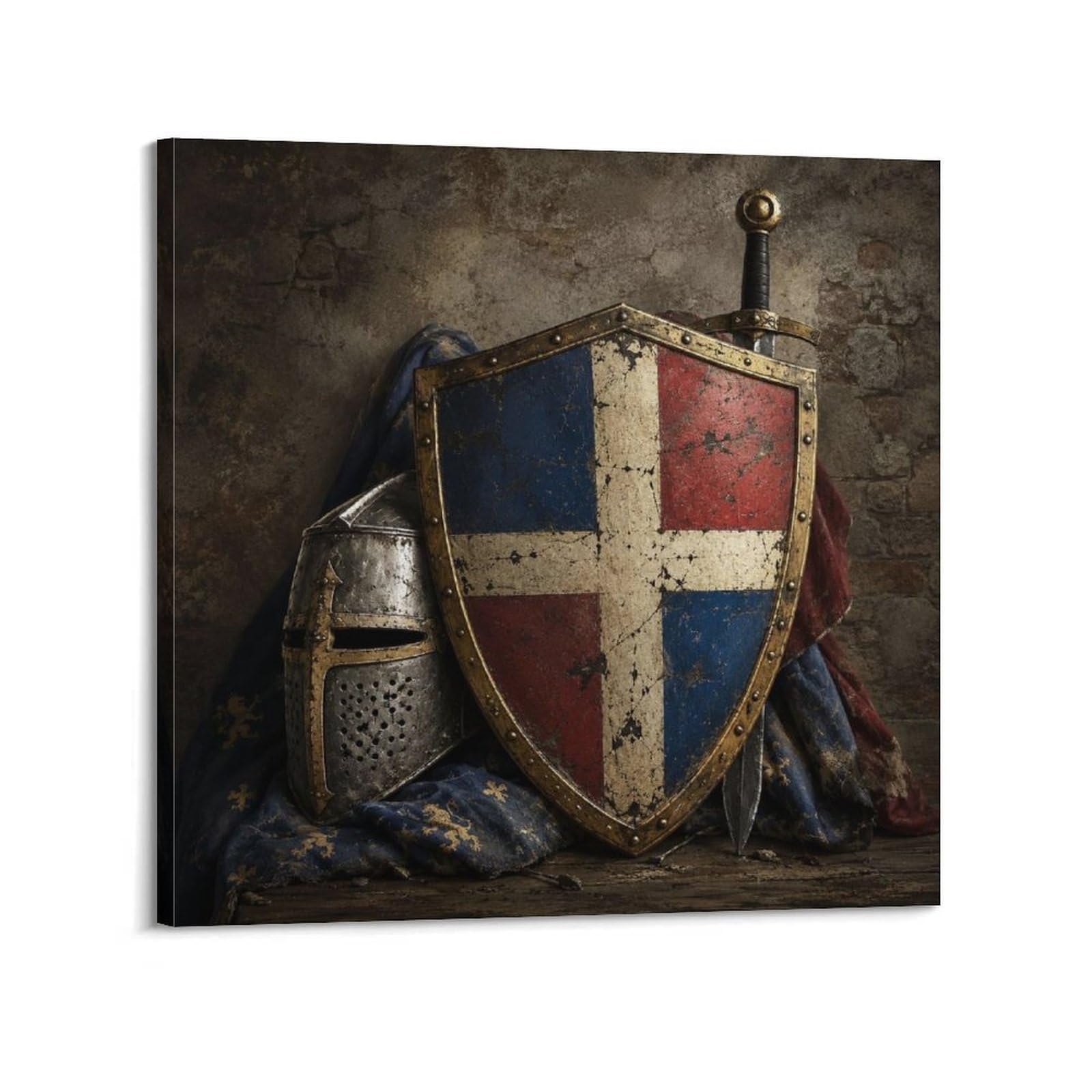 XKUGA Heraldic Shield Enamel Poster Tri Badge Medieval Helmet Relic Modern Decorative Canvas Prints - Ideal Wall Art for Family, Man Cave, Game Room, Boys & Girls Bedroom 12x12inch(30x30cm)
