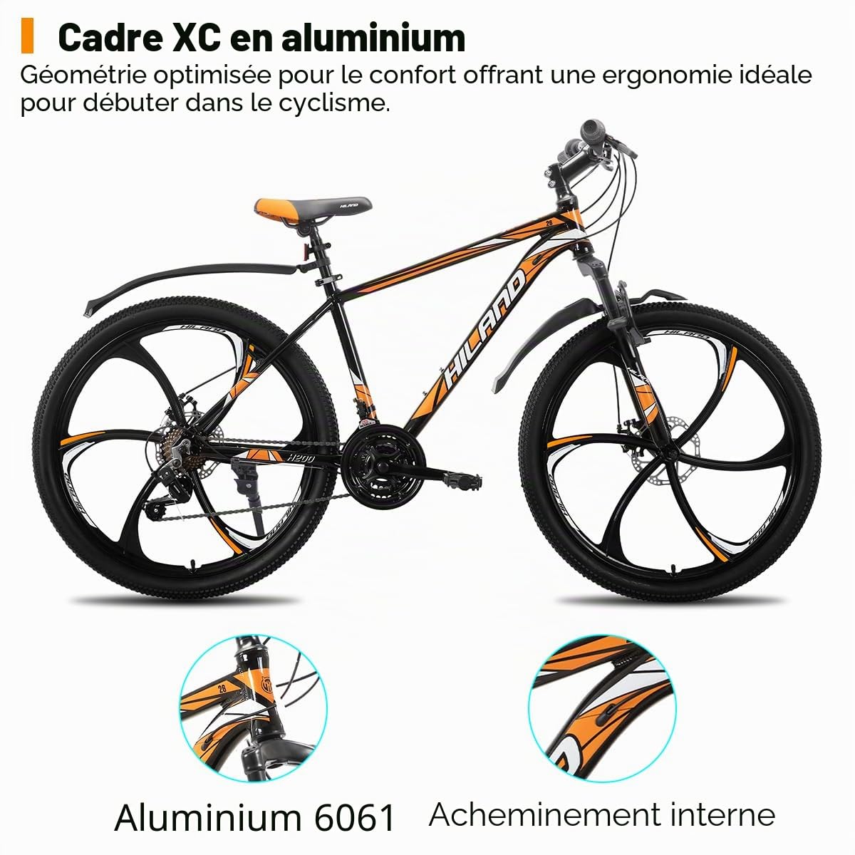 HILAND VTT 26 Pouces pour Adultes, 3/6 Roues à Rayons, 18 Vitesses, pour Homme et Femme, avec Double Frein à Disque, Cadre en Aluminium de 26 Pouces, Noir/Bleu/Orange/Blanc