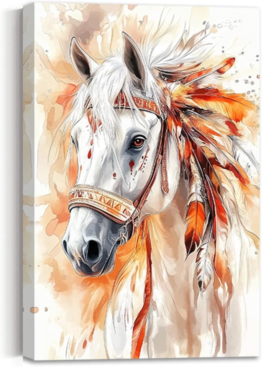 ZSHDEYMTOP Horse Wall Art Indian White Horse Picture Watercolor Native American Warhorse Painting Farmhouse Animal Canvas Print for Bedroom Decor (White, (18L x 12W))