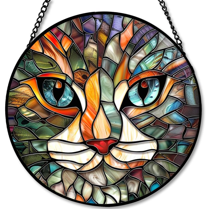 Panneau chat en vitrail artisanal, un attrape-soleil d'une élégance intemporelle