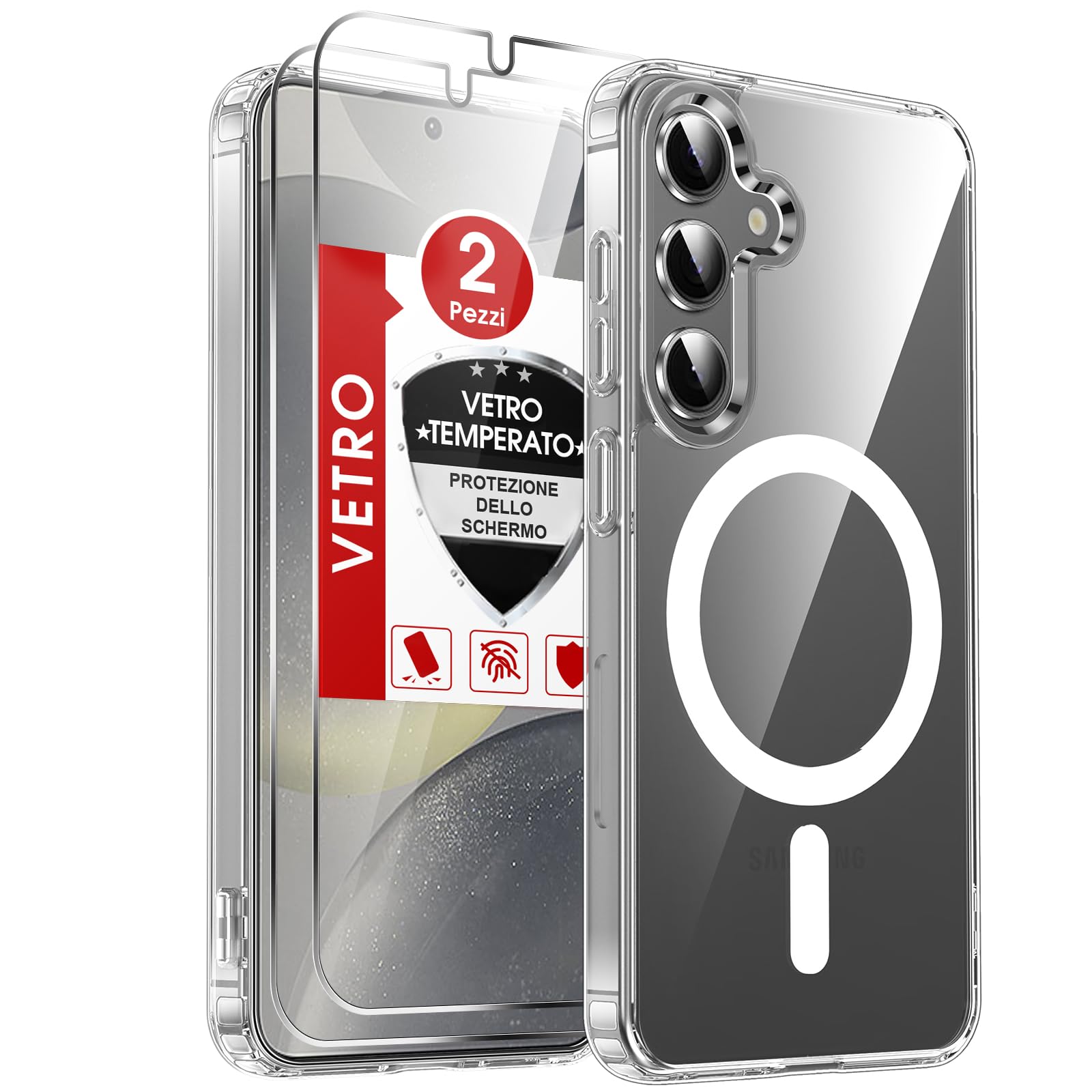 LeYi Cover Magnetica per Samsung S24 5G con Vetro Temperato(Trasparente) | Custodia [Compatibile con MagSafe] Protezione Fotocamera TPU Bumper Originale Antiurto Protettiva Case per Galaxy S 24