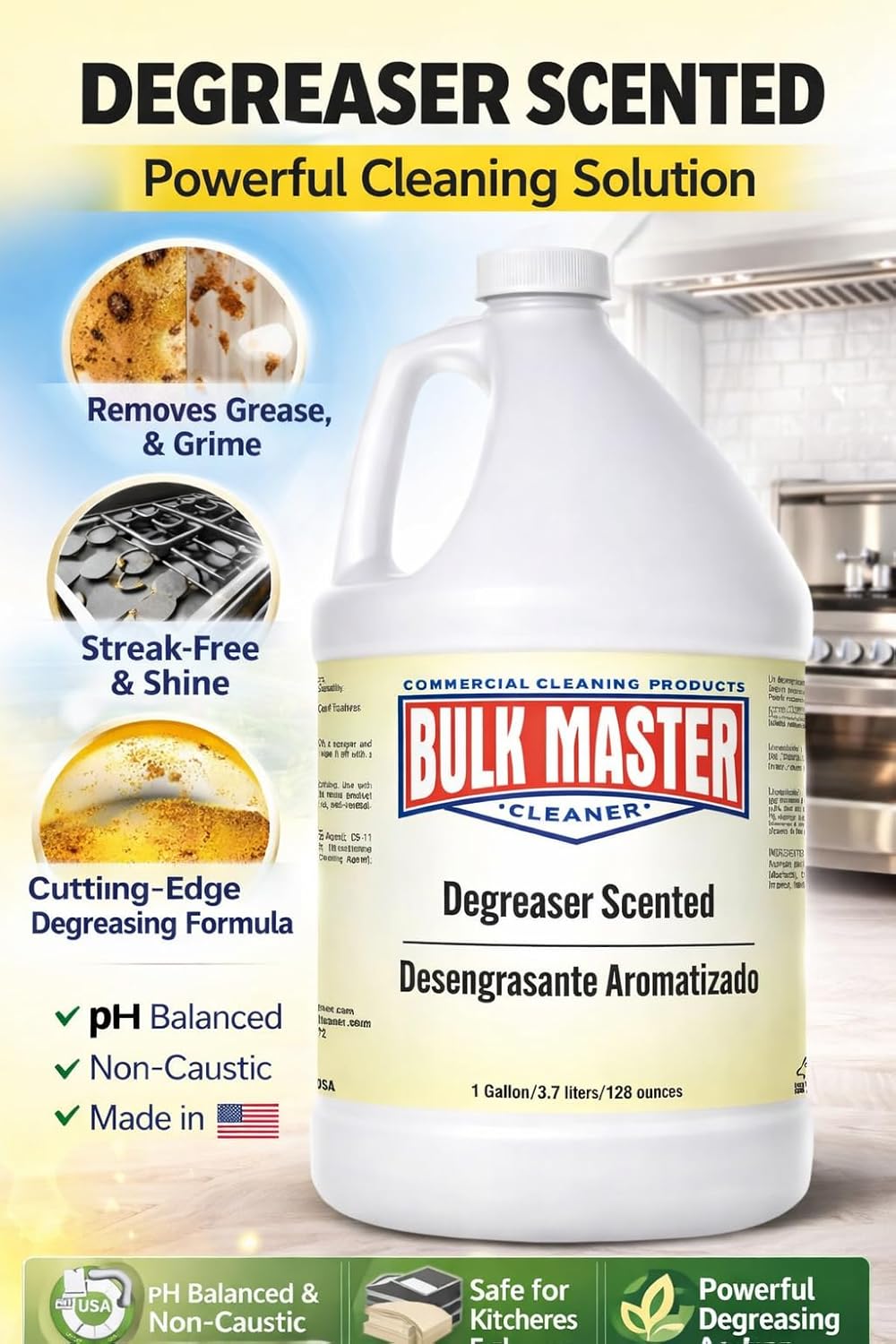 Bulk Master Degreaser Cleaner – Heavy Duty Multi-Surface Cleaner, Removes Grease & Grime, Streak-Free Formula, Commercial Strength, Scented, 1 Gallon, Made in USA