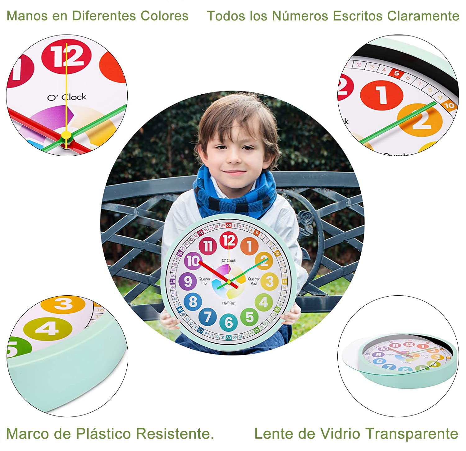 30cm Reloj de Pared Educativo para enseñar el Tiempo para niños, Silencioso, Funciona con Pilas, Aprender a Contar, Reloj de Pared de Cristal Vidrio Decorativo Colorido